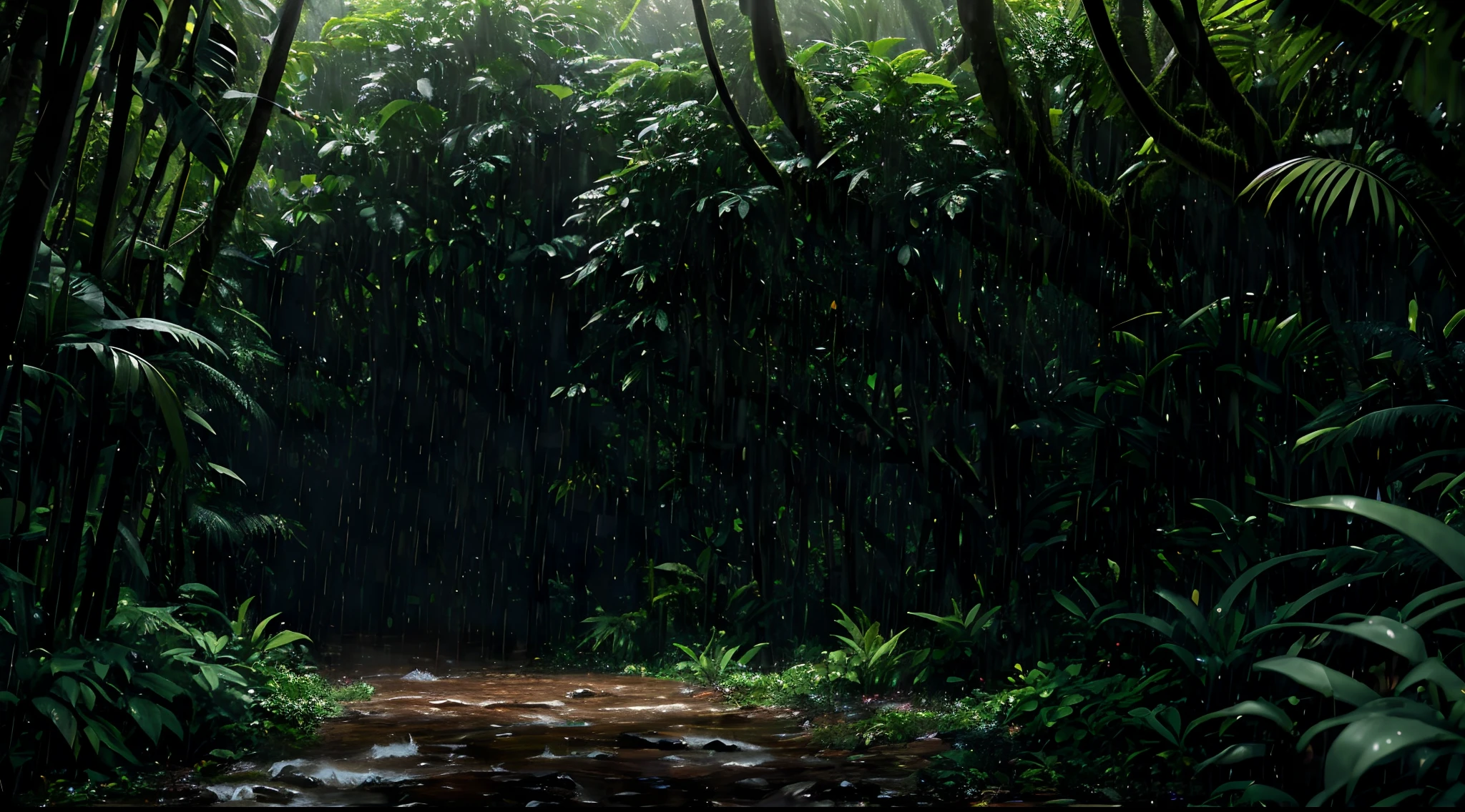A jungle, with intense rainfall, monochromatic, vines all around, giant and wet trees, masterpiece, best quality, high quality, extremely detailed CG unity 8k wallpaper, oil paiting, award winning photography, Bokeh, Depth of Field, HDR, bloom, Chromatic Aberration ,Photorealistic,extremely detailed, trending on artstation, trending on CGsociety, Intricate, High Detail, dramatic, art by midjourney, volumetric lighting