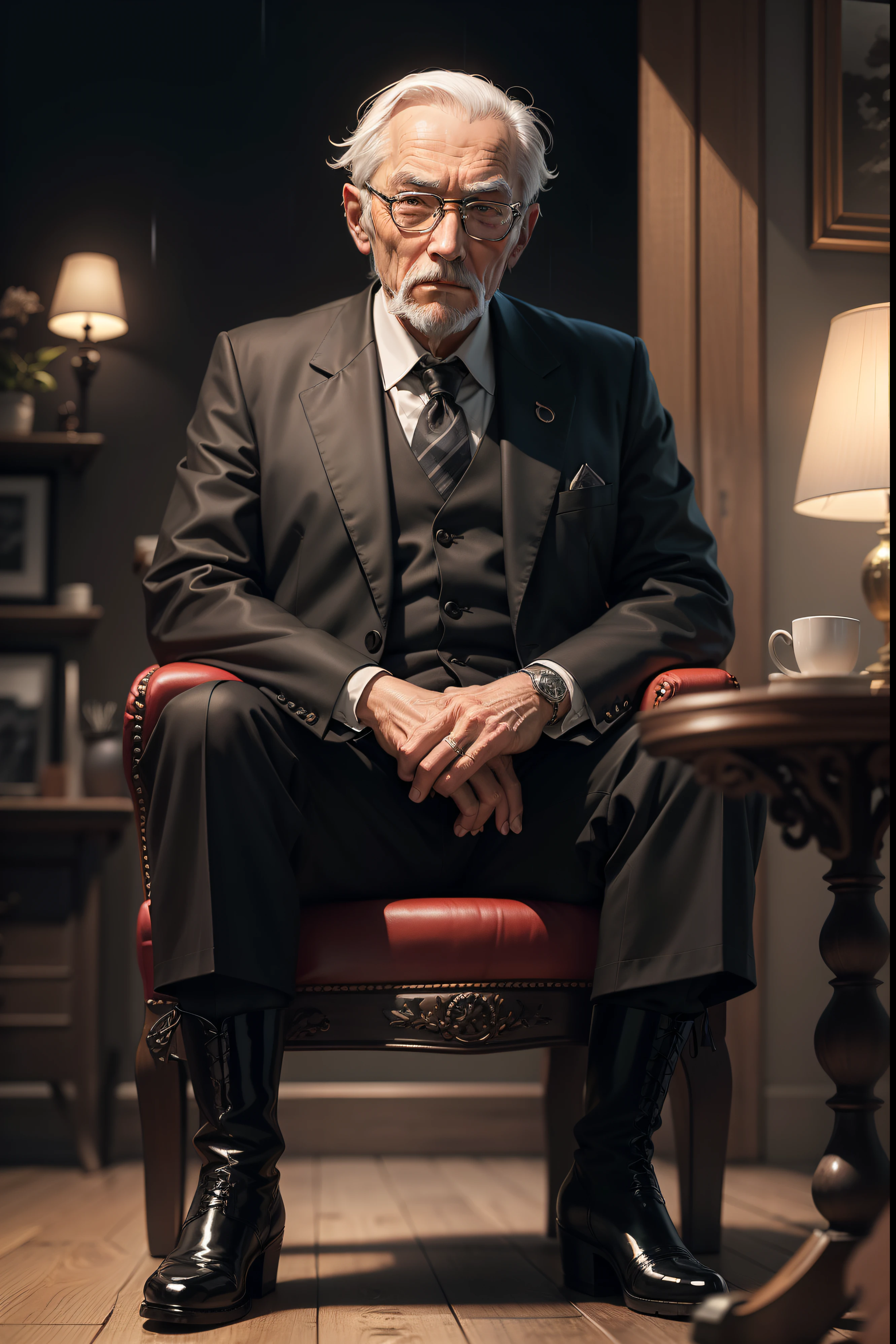 Old gentleman with a goatee,sit on chair,Eyes look at boots,Black high-gloss rain boots, 8K分辨率,Wallpaper masterpiece,Best quality,digitial painting,Highly meticulous,Ultra high quality