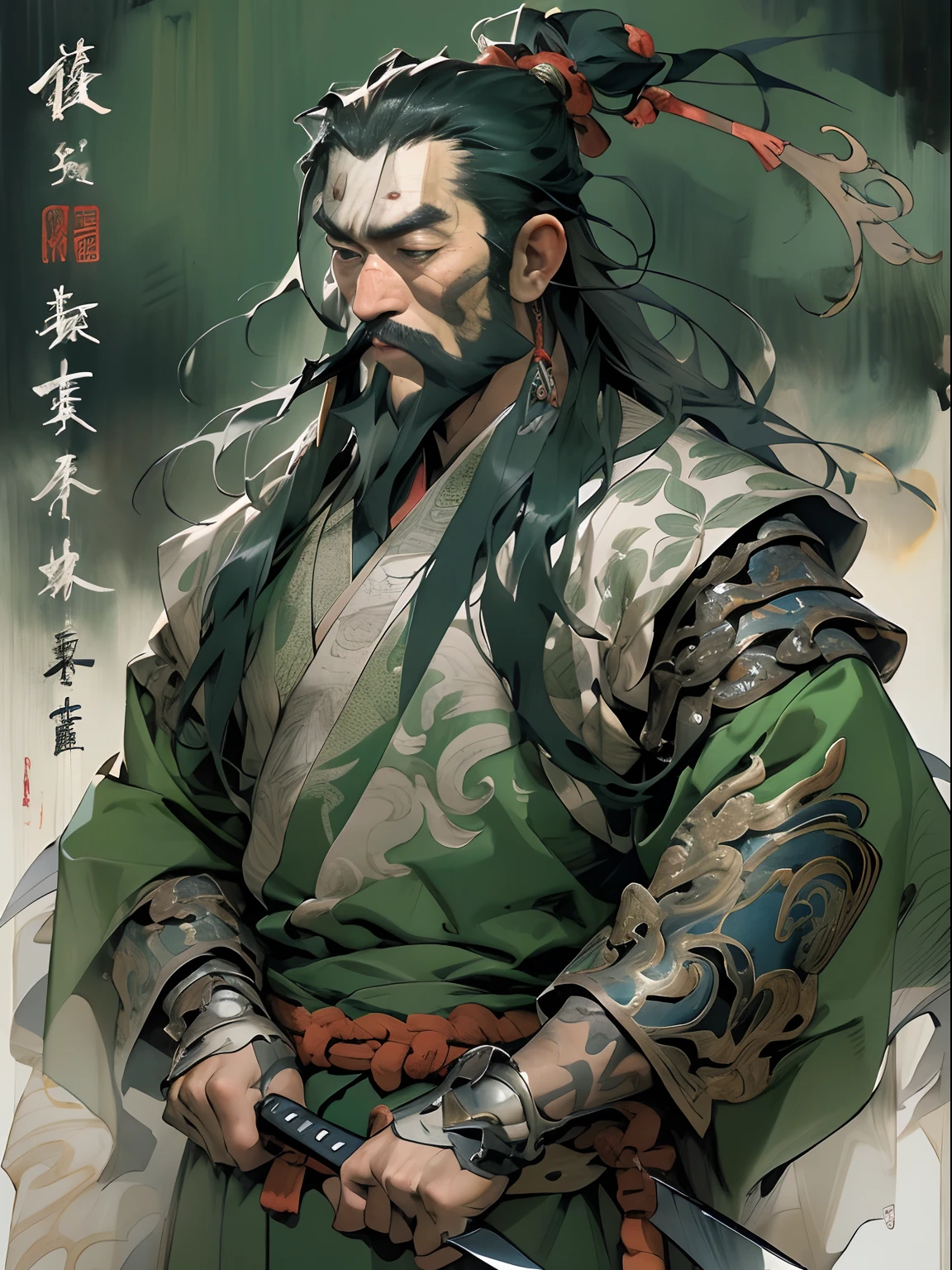 (((China-style,Ink painting method,Half-length portrait,Intense color,Han dynasty, China,Hanfu,Armor,Guan yu,Guan Yunchang,of a guy,Ruddy killing square face,Hold it with your right hand(Close the knife)Qinglong Weir Moon Knife,Stroke your beard with your left hand,Long hair,petty eyes,Green robe))), (((best qualityer))), (((tmasterpiece))), (((AS-Adult))), ((( Japanese ))), Look up from your knees, Handsome Asian samurai,perfect body figure, Modern samurai, ((( Asian))), Wear gloves on your hands,The left arm is made of steel and metal tips,Made of protective devices, The eyes are pulled, (( Appears below the chest )), (( Small dental floss )), Simon Bisley, Almost naked(Simon Bisley)Castle City Wilderness,For high-resolution posters, hair straight, Minimum clothing, armure (Crazy clothes ), Full of tips and rivets, tribal tattoos, (((full bodyesbian))), Straight brunette hair,Colored hair ends