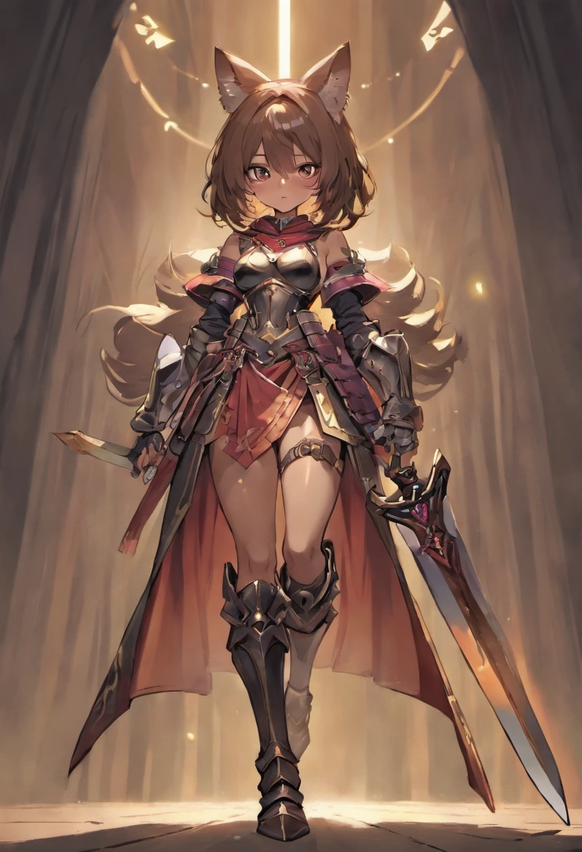 brown skin girl. Her figure, busty, curvy, proper direction, bunny ears, cat tail, short dark purple hair color, dark magenta eyes, brown skin, sword, large ragged cloth like cape wrapped around waist, chest armor, gauntlet, black long sleeve shirt under armor, chest armor, hoodie, properly drawn sword, longsword, cloth wrapped around her waist, properly drawn sword in hand, cat ears, cat's tail digital painting, digital illustration, extreme detail, digital art, Knight Armor, baggy puffy pants, metal boots, fully armored. cloth wrapped around her waist. Holding a sword.