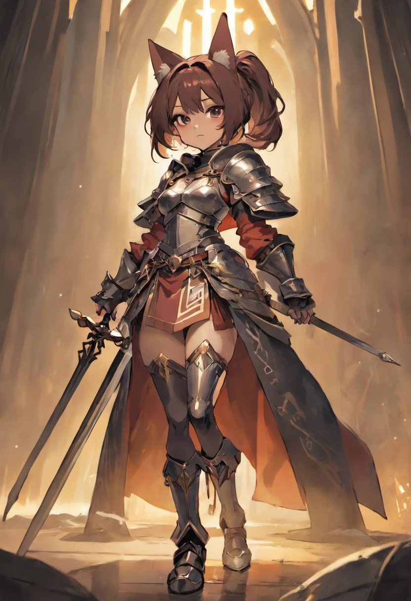 brown skin girl. Her figure, busty, curvy, proper direction, bunny ears, cat tail, short dark purple hair color, dark magenta eyes, brown skin, sword, large ragged cloth like cape wrapped around waist, chest armor, gauntlet, black long sleeve shirt under armor, chest armor, hoodie, properly drawn sword, longsword, cloth wrapped around her waist, properly drawn sword in hand, cat ears, cat's tail digital painting, digital illustration, extreme detail, digital art, Knight Armor, baggy puffy pants, metal boots, fully armored. cloth wrapped around her waist. Holding a sword.