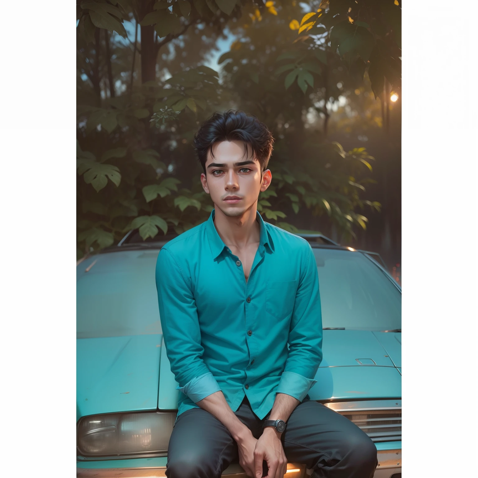 Handsome boy. Horror background. Realistic face.4k. face no change. Realistic dark preset on background. Sunset.car. film dark mode