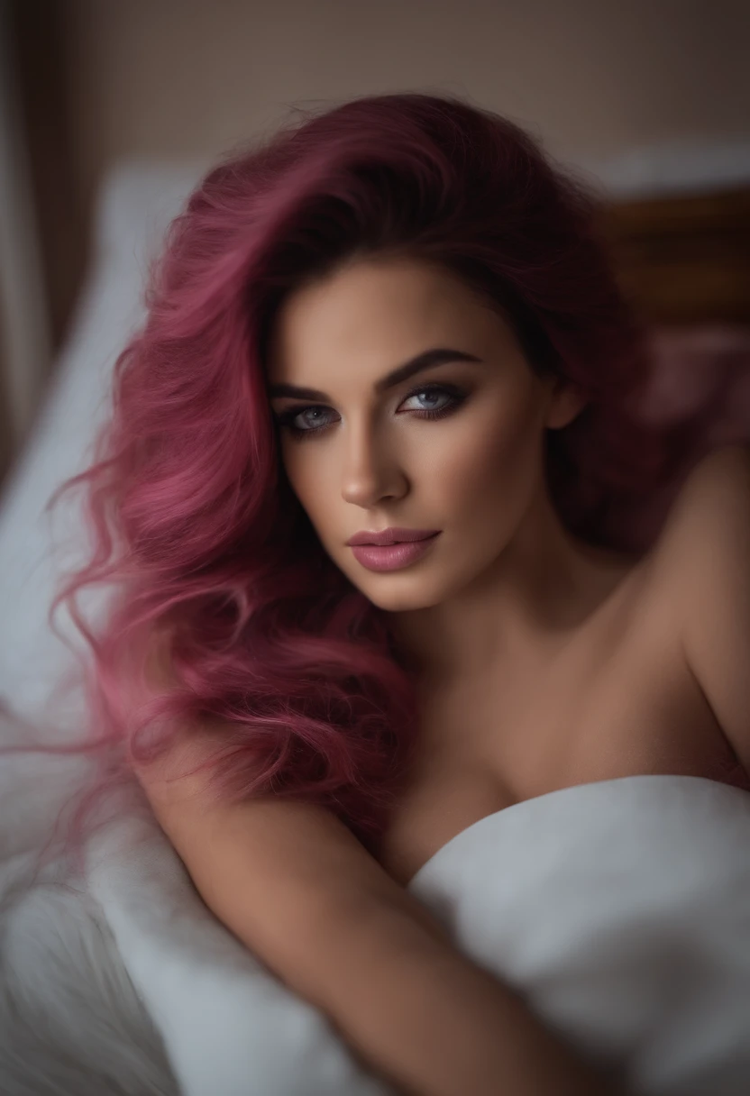 create a brunette woman with pink hair lying in bed wearing a thong lingerie with a sensual look with the sunlight coming in through the window and illuminating her visible breasts and butt