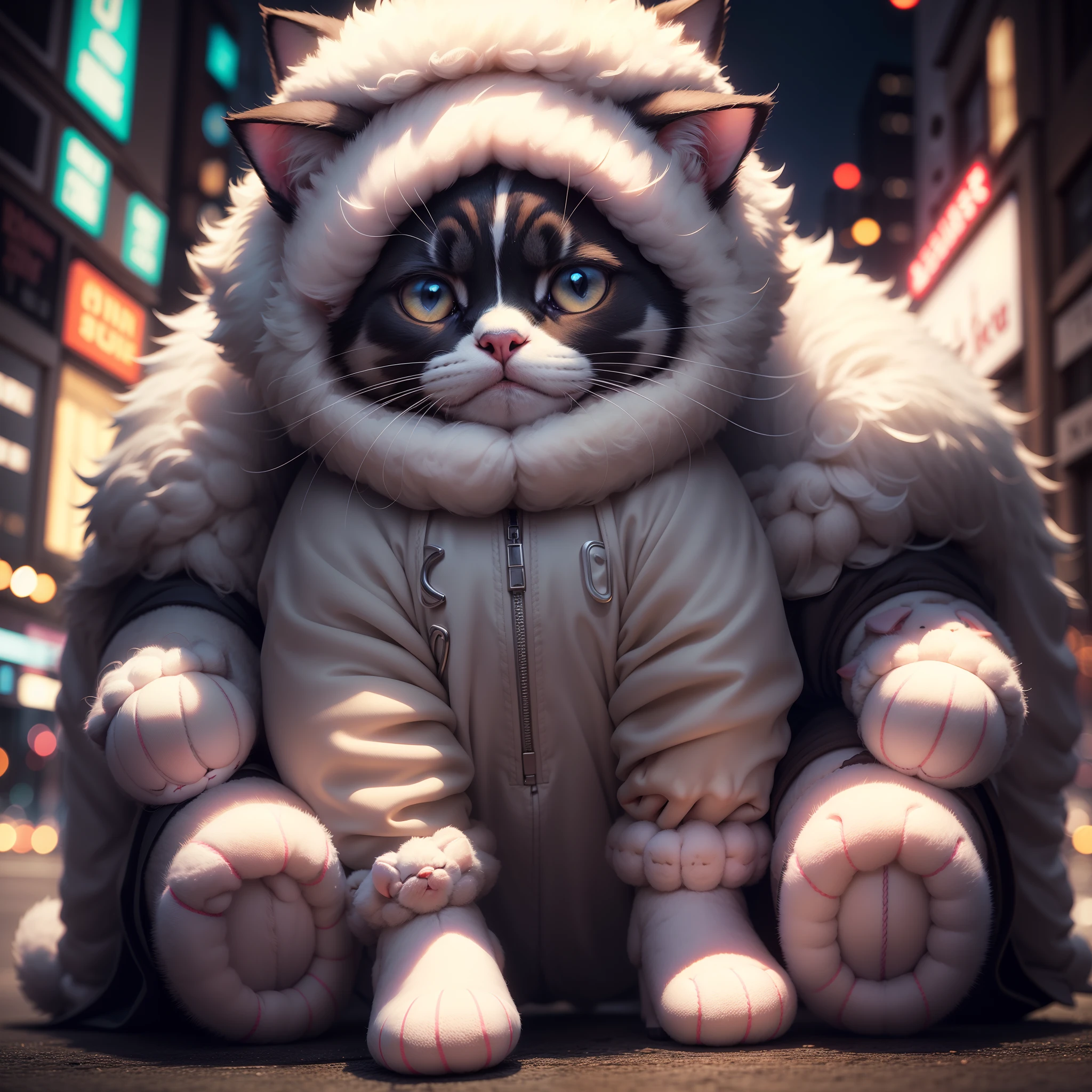 Portrait, Cute cat puppy in sheep clothes, low illuminance, grumpy, Neon 8K in the city at night