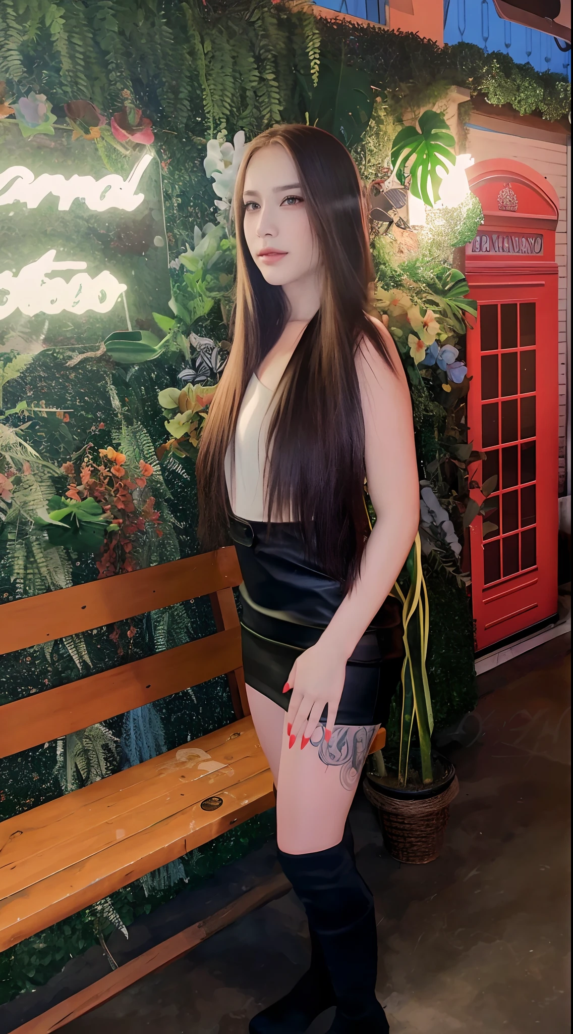 There is a woman in front of a bench with a tattoo on her leg, tomada em 2 0 2 0, 2 Modelo feminina de 4 anos, very tiny, 1614572159, female with long black hair, Upload de alta qualidade, imagem de alta qualidade, gorgeous female jade tailor, alta qualidade de imagem, ela tem cerca de 2 0 anos