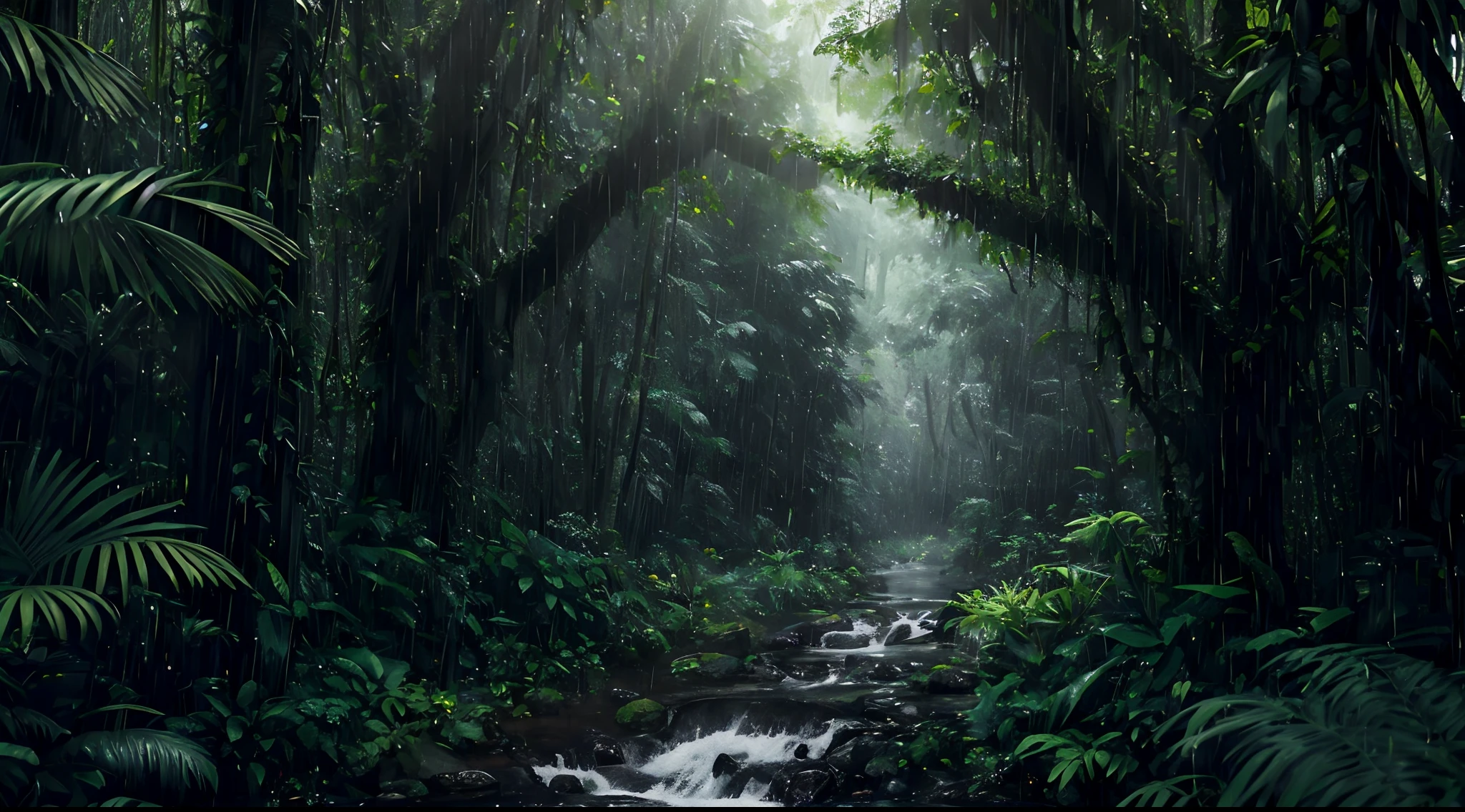 A jungle, with intense rainfall, monochromatic, vines all around, giant and wet trees, masterpiece, best quality, high quality, extremely detailed CG unity 8k wallpaper, oil paiting, award winning photography, Bokeh, Depth of Field, HDR, bloom, Chromatic Aberration ,Photorealistic,extremely detailed, trending on artstation, trending on CGsociety, Intricate, High Detail, dramatic, art by midjourney, volumetric lighting