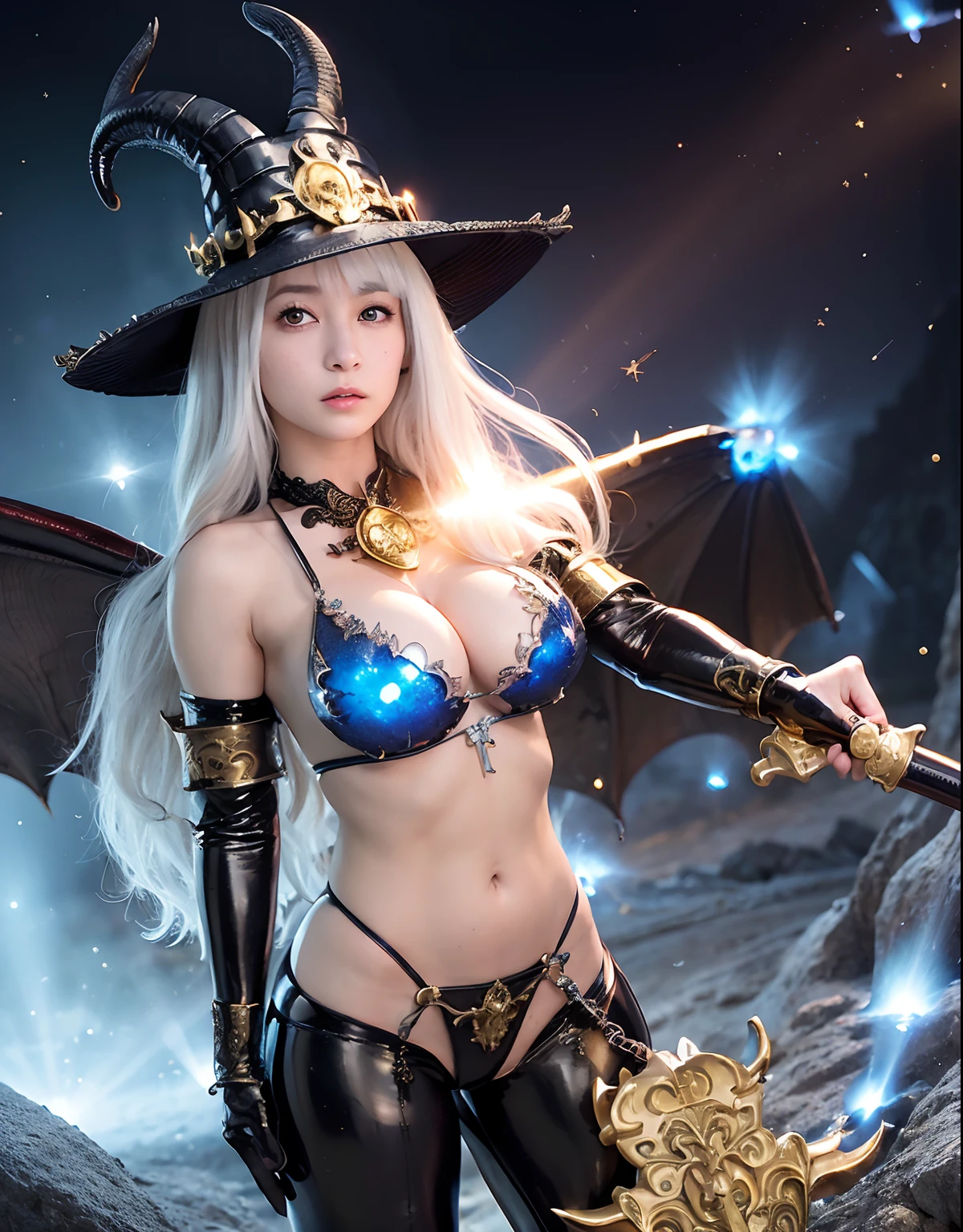 ((World of Darkness)),Professional , masterpiece、top-quality、photos realistic , depth of fields 、(((With a magic wand of gems))),(Dragon White Metal Body:1.9),(latexsilver-blue、(cleavage of the breast)(Fight dragons)、、(((Particles of light))),(Micro Bikini Armor:1.7),Gorgeous gold weapons ,(Fight dragons)、Seductive look、(blood splattere、((((With a magic wand))), ) , (((Wearing a black latex wizard hat))),(demonic wings) ,((a blond))、(Castle background)、((Gangle's forest background))、Beautiful Caucasian beauty、1a person、dynamic ungle,(((Detailed and ornate dragon wizard hat)))、Smaller head、A smile、Castle background、Thin and beautiful female hands、cleavage of the breast、Soldier in iron armor on background、Mystical expression、Light Effects、intense fighting、Wind-effect、magic circles、With the legendary magic wand、Dragon's tail、explosions、Toostock、Toostock、
