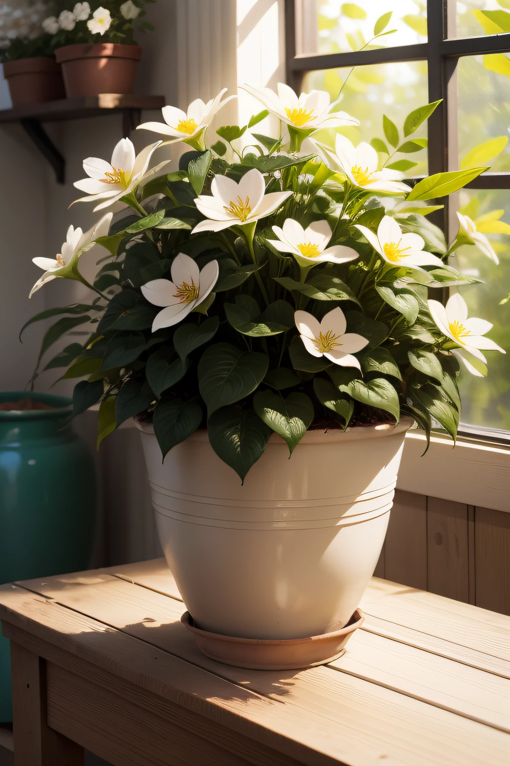 potted，blossoms，Green leaves，Sunlight，full bloom，splendid，exuberant，life，beautiful plants