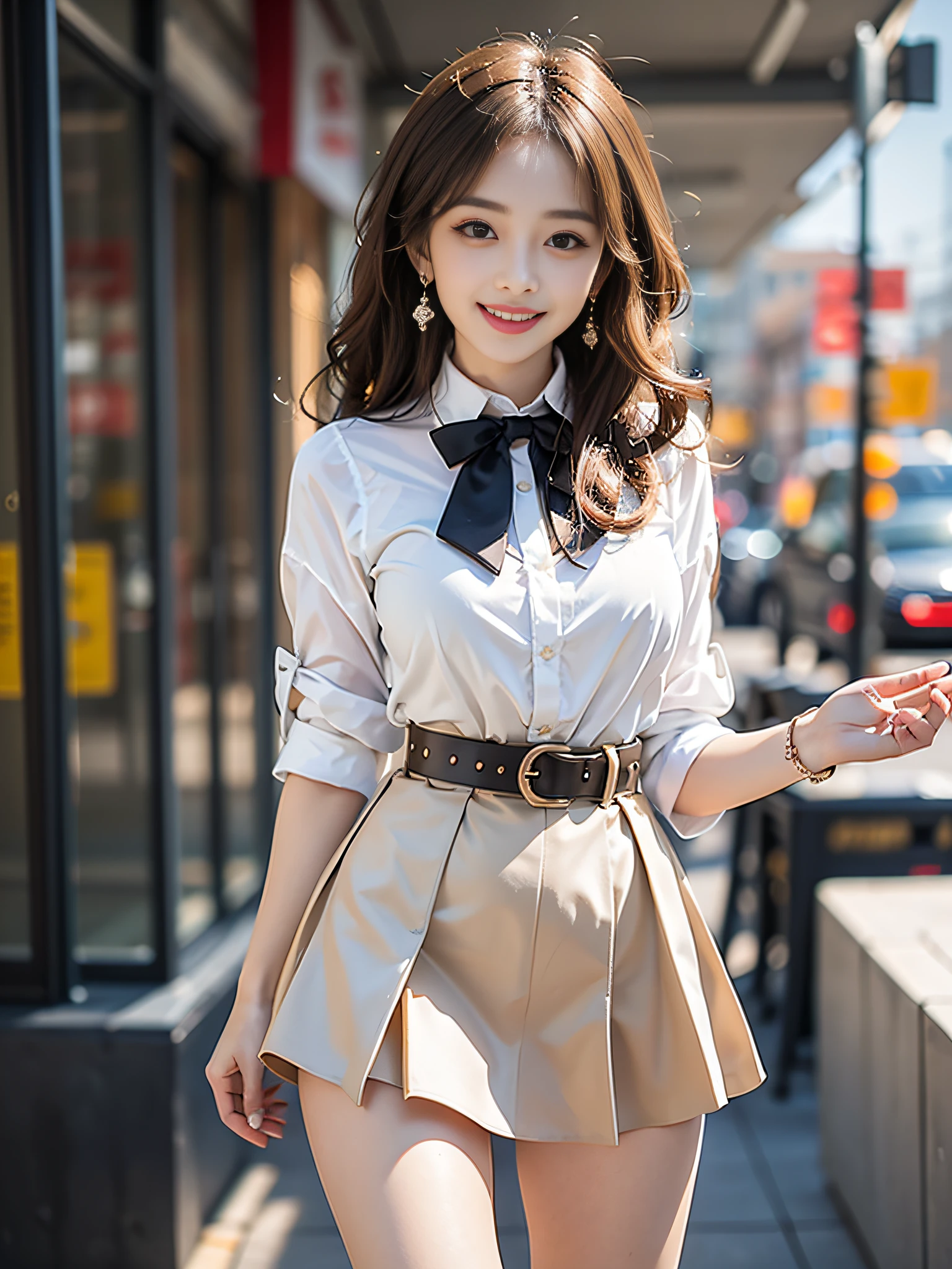 ((knee shot)), ((from side)), ((realistic)), 1girll, Outdoor scene, (standing on your feet), Pleasing posture, Eye-catching poses, Nice long legs, Detailed scenes, curlies, Air bangs, Beautiful hair accessories, Brownish-yellow hair, light make-up, Blushlush, Gloss on lips, ((White color blouse, neck bowtie, high waisted short skirt, Nice belt)), The skirt flutters, (Campus style), warm lights, a warm color palette, Detailed details, ultra-detailliert, (tmasterpiece, best qualtiy), (An extremely delicate and beautiful work), Delicate earrings, Delicate necklace, Simple blurred background, Extreme detail description, Ultra-fine painting, Delicate face, slim toned body, Slimming the waist, (grin, happy grin, Baring teeth), (anatomy correct)