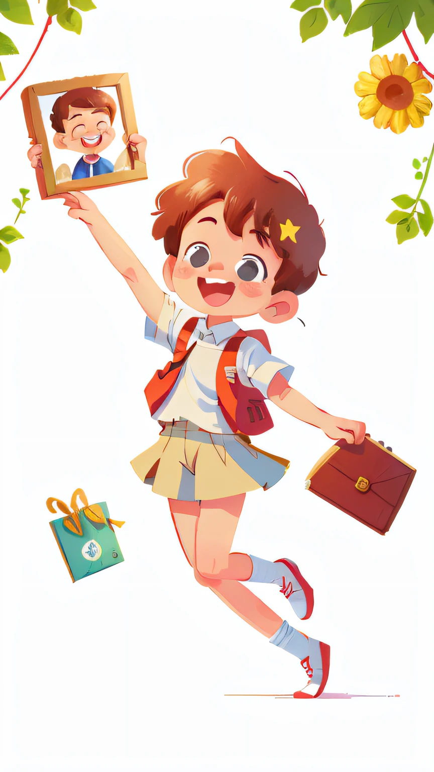 happy smiling Boy students is standing holding a beautiful picture frame above her head, full body ((white background))