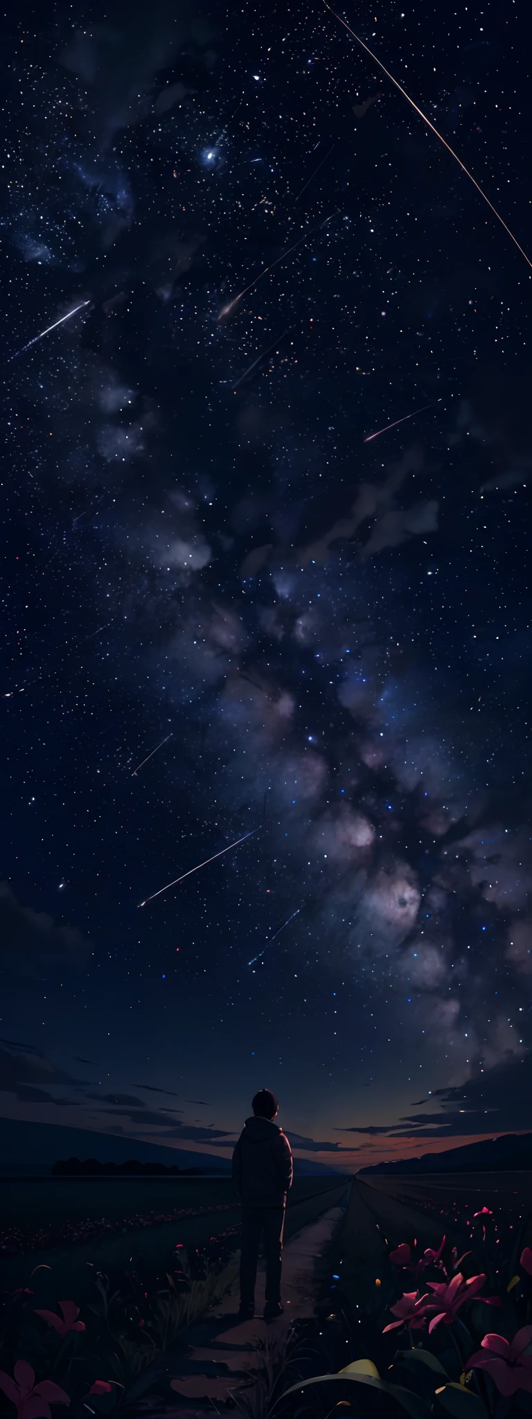 A boy with,Stand on the endless meadow,Looking at the night sky,There is the Milky Way in the night sky,Several meteors glide into the night sky。