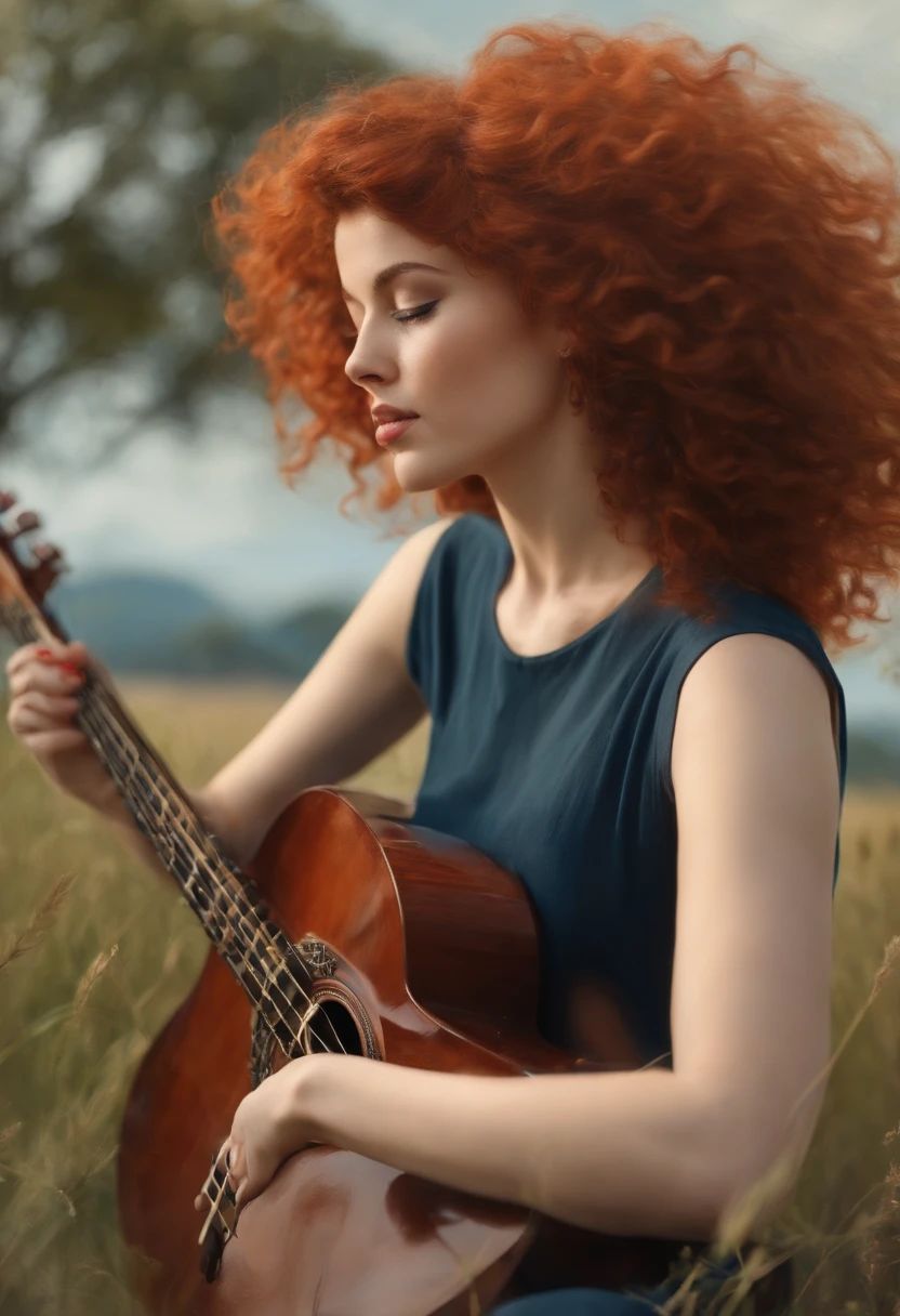 uma garota sentada na grama, segurando um baixo, playing bass, Short red curly hair, calm expression, garota branca com olhos castanhos e cabelos vermelhos cacheados, garota de cabelo curto, 1garota, 1girl, lilies, roupas Indie, arte impressionista, oil paint, colorido, cabelo pintado, cabelo curto, androgynous, androgynous girl, cabelo cacheado, sorrindo, blue sky in the background, Playing music, feliz, serenidade