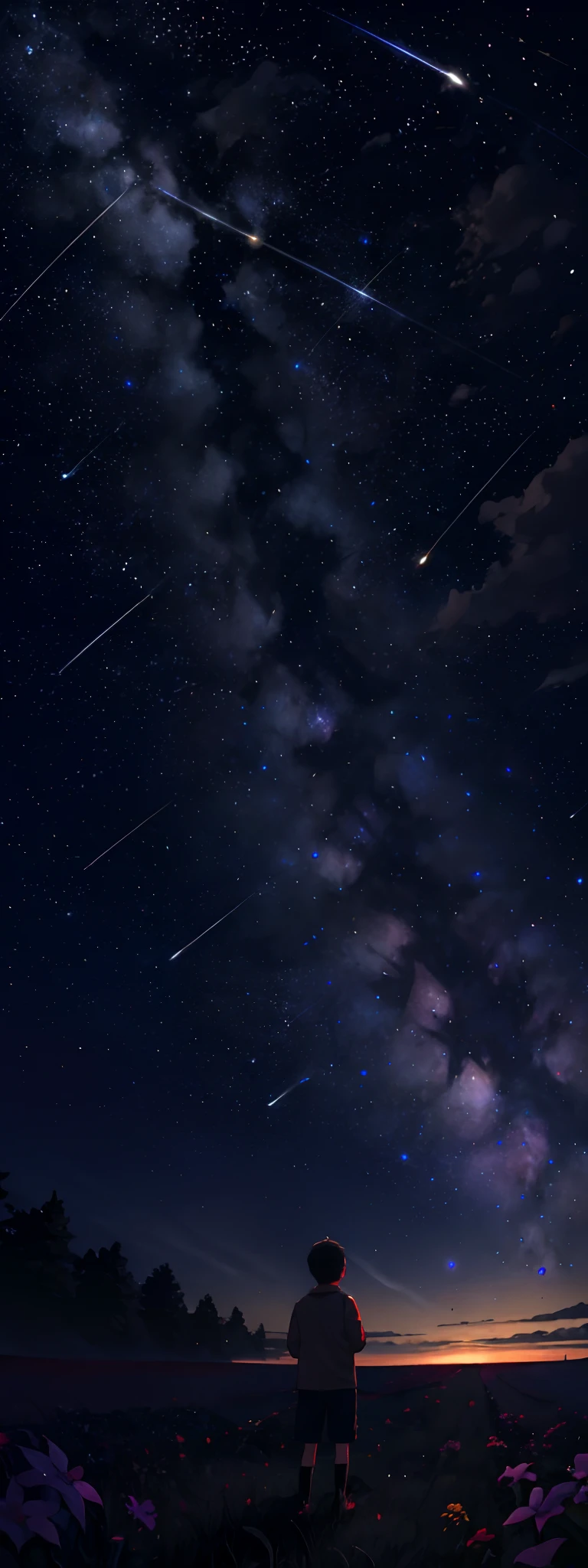 A young boy with,Stand on the endless meadow,Looking at the night sky,There is the Milky Way in the night sky,Several meteors glide into the night sky。