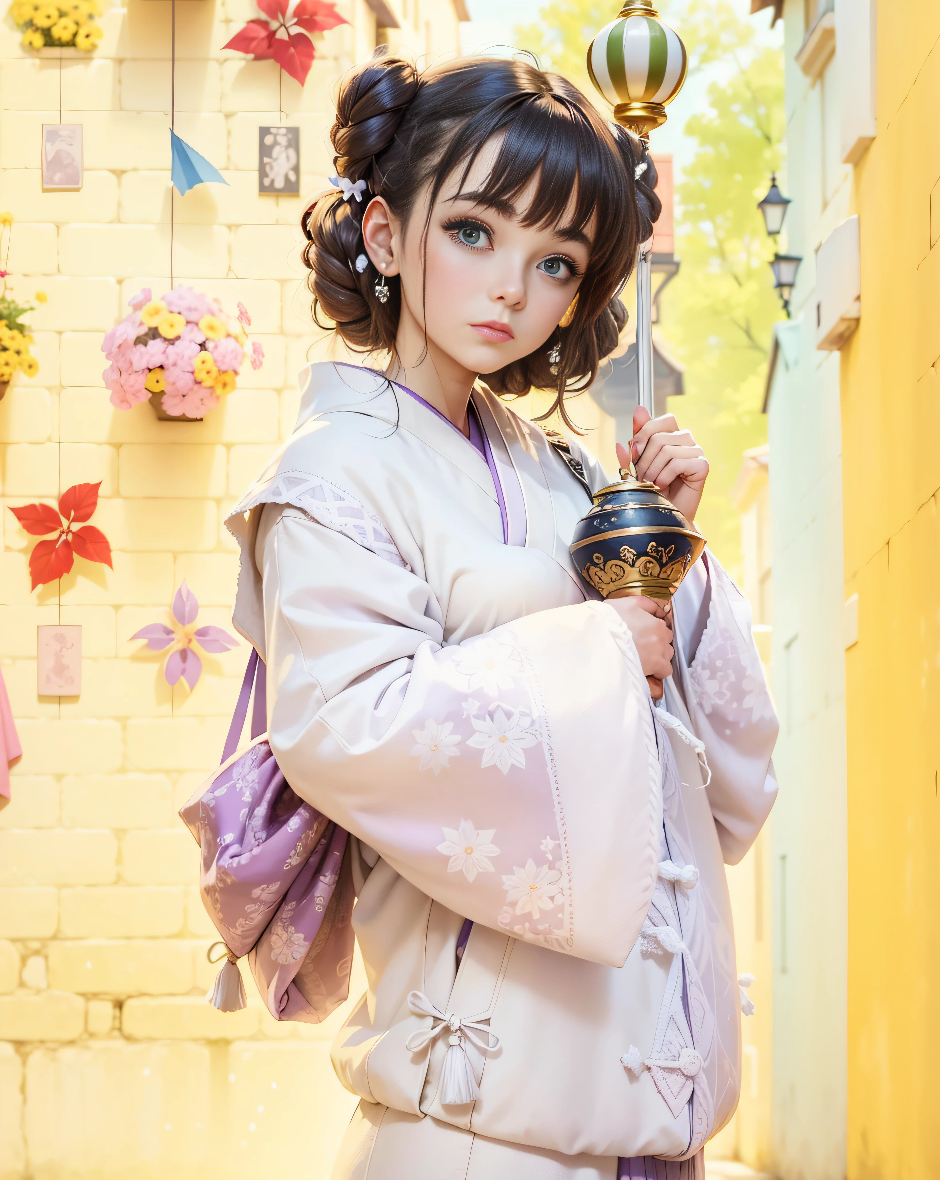 One lonely young adult girl, Tall stature, little chest, closed mouth, Slavic appearance: Green eyes; blond hair; sharp facial features; dimple on the chin; Straight nose; high nose; pronounced high cheekbones; high forehead, stands upright, wears a kimono: light purple double-breasted overcoat with 6 fasteners; Standing in the middle of the street, Background in the picture: A street with a stone paved road with European stone houses from the first half of the 20th century; People in clothes of the mid-20th century, High quality shadows, High quality of light, High quality clothing, Masterpiece picture quality, max detail, Masterpiece quality, High-definition image.
