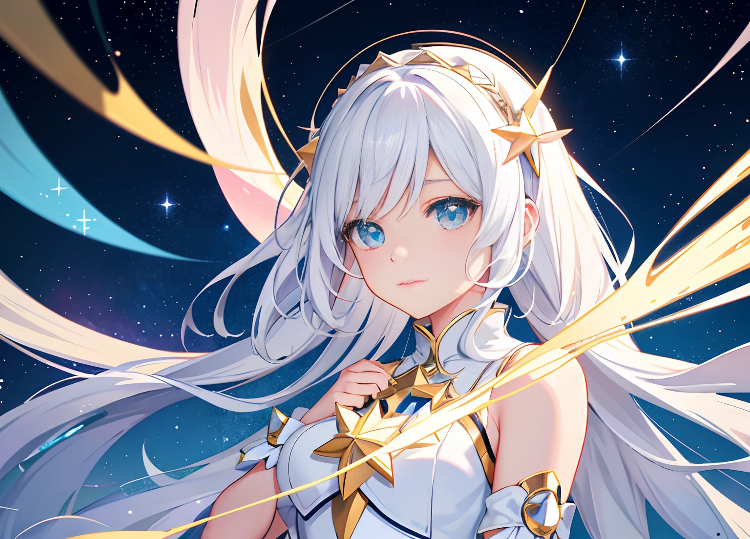 One with white hair,Woman with a star in her hand, nightcore, anime moe art style, vocaloid, anime girl with cosmic hair, style of anime4 K, Star(sky) Starry_sky, High Quality Anime Art Style, cute anime waifu in a nice dress, star child, anime backgrounds, star rain, anime style like fate/stay night