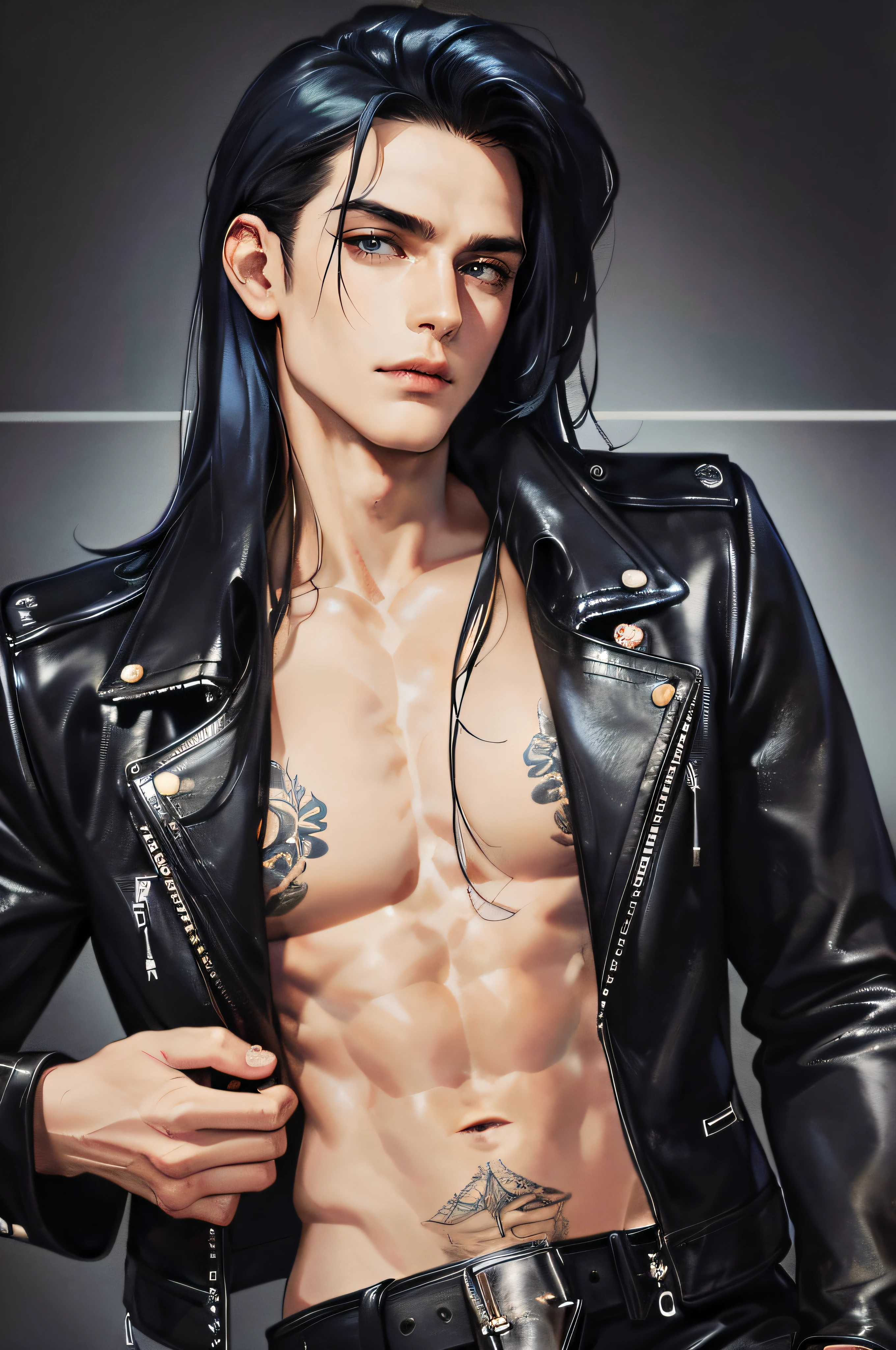 cover for a book, photography of a heavy metal star, a solo man, (((man))), (masculine face), 25 years old, singer, bad boy, (black eyes), expressive look, long dark blue black hair, (((bar background))), straight hair, blueshine hair, unshaven, black leather jacket, long sleve jacket, leather pants, chest tattoo, super detailed face, perfect body, perfect shapes, realistic image, award winning photography, 8k,