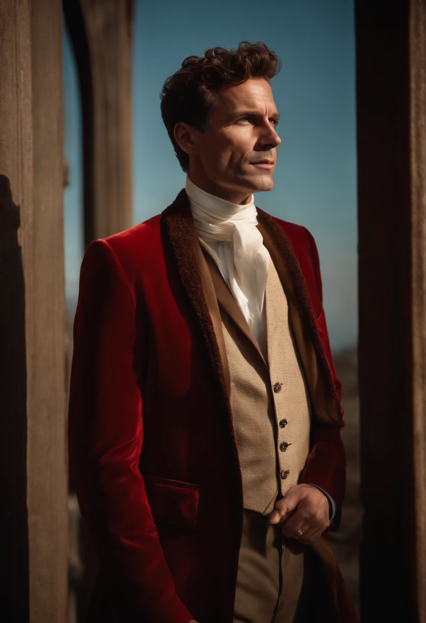 A handsom man in red, the style of patrick demarchelier. wearing a red velvet jacket, Tall and fit, (40 years old:1.1), (shaven:1.2), (short brown hair and a little curly:1.5),(very short hair:1.6). in the style of ethereal beauty, realistic blue skies, hasselblad 1600f, hyper-realistic portraiture, bold colors, dynamic lines, smooth and polished .