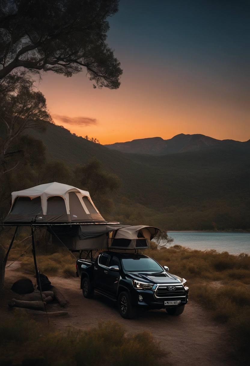 A black Hilux towing a camping trailer in a paradisiacal landscape with an 8K 3D image