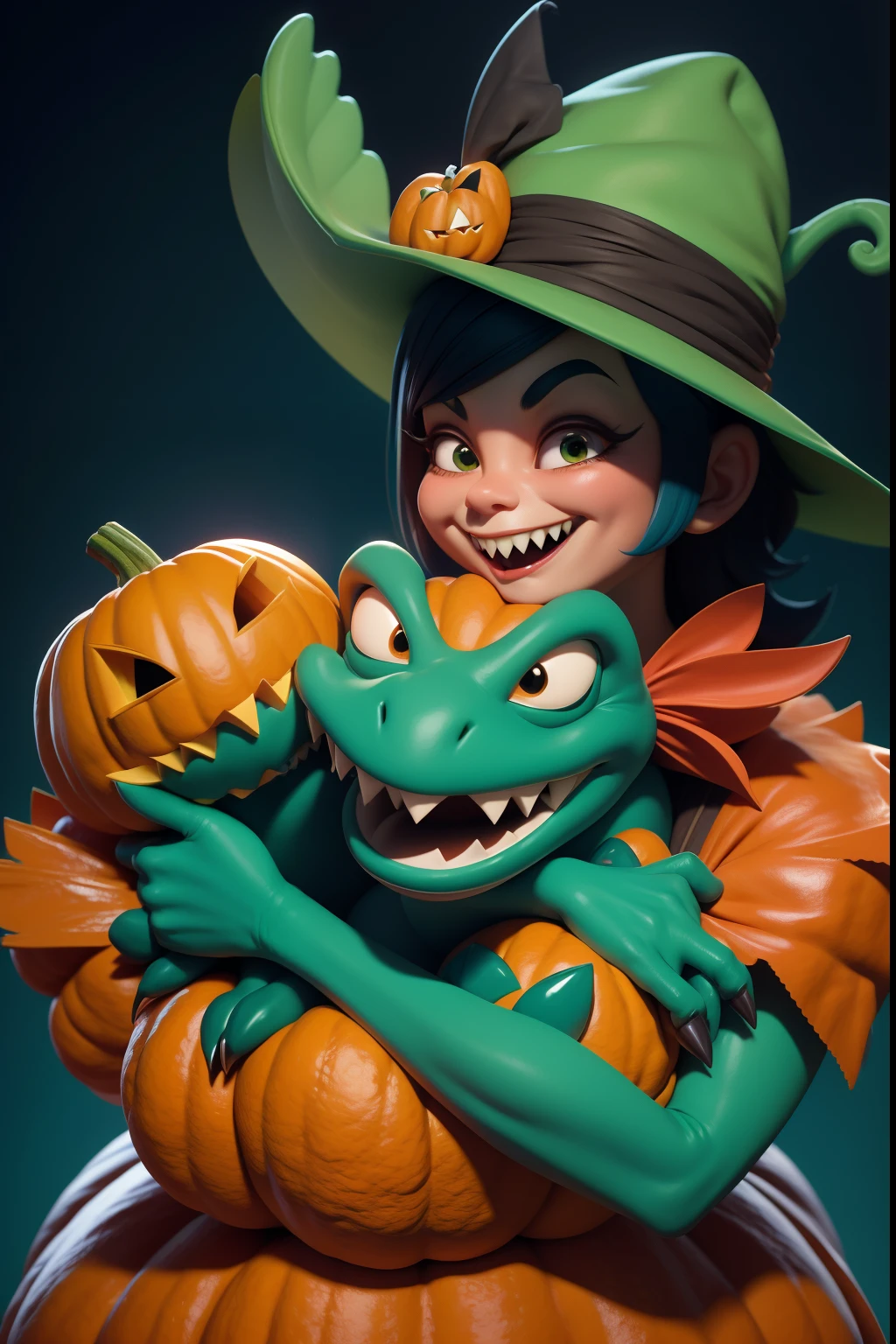 Happy Halloween! Announcement. poster 3 Funny funny wild crocodiles in costumes hugging a pumpkin. In the style of a 3D Disney cartoon. Close-up. Blurred background. Blue-green-red studio lighting. light haze.