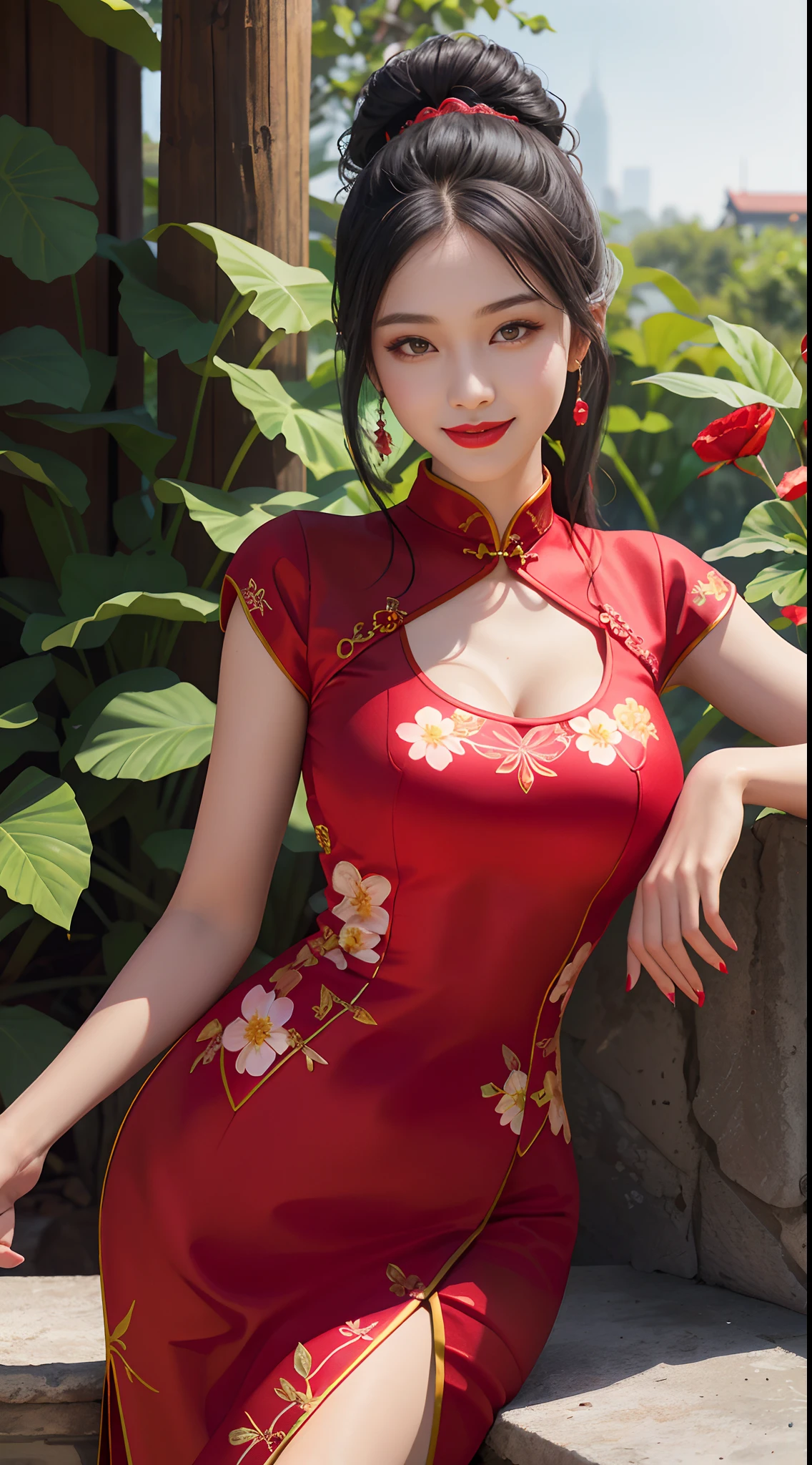 （（（Wearing a red slit cheongsam，Black gloves on both hands。（（（Kurotsuchi，short black hair，black pupils，Good-looking， ））），（（（wide hips））），S-shaped body:1.7））），((masterpiece)),high resolution, ((Best quality at best))，masterpiece，quality，Best quality，（（（ Exquisite facial features，looking at the audience,There is light in the eyes，lol，confidence ））），（（（Light and shadow interlace，huge ））），（（（looking into camera，Kneel and put on）））