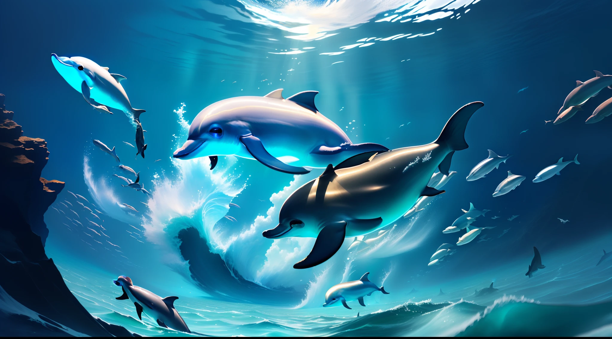 A large number of dolphins and a large number of schools of fish put the lights