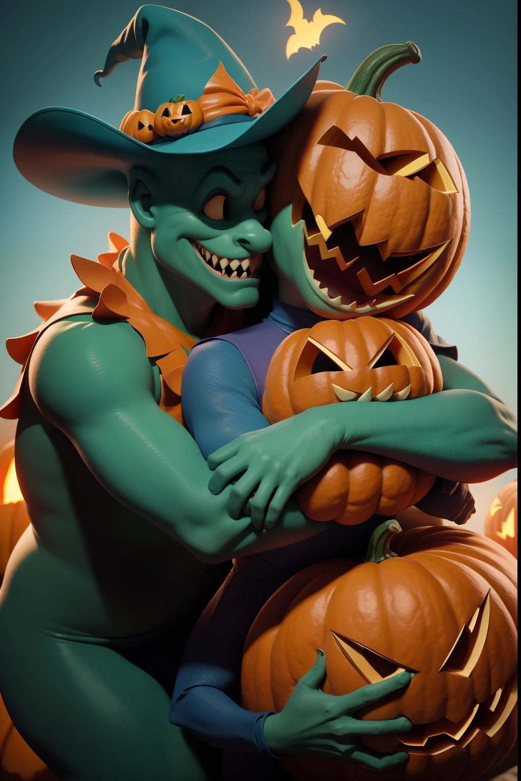Happy Halloween! Announcement. poster 3 Funny funny wild crocodiles in costumes hugging a pumpkin. In the style of a 3D Disney cartoon. Close-up. Blurred background. Blue-green-red studio lighting. light haze.