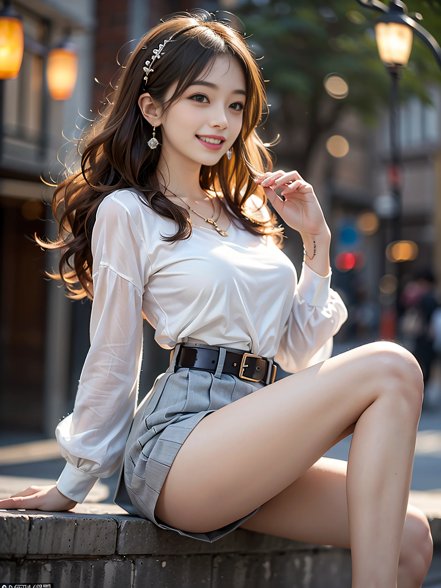 ((knee shot)), ((from side)), ((realistic)), 1girll, Outdoor scene, (standing on your feet), Pleasing posture, Eye-catching poses, Nice long legs, Detailed scenes, curlies, Air bangs, Beautiful hair accessories, Brownish-yellow hair, light make-up, Blushlush, Gloss on lips, ((White color blouse, high waisted short skirt, Nice belt)), The skirt flutters, (Campus style), warm lights, a warm color palette, Detailed details, ultra-detailliert, (tmasterpiece, best qualtiy), (An extremely delicate and beautiful work), Delicate earrings, Delicate necklace, Simple blurred background, Extreme detail description, Ultra-fine painting, Delicate face, slim toned body, Slimming the waist, (grin, happy grin, Baring teeth), (anatomy correct)