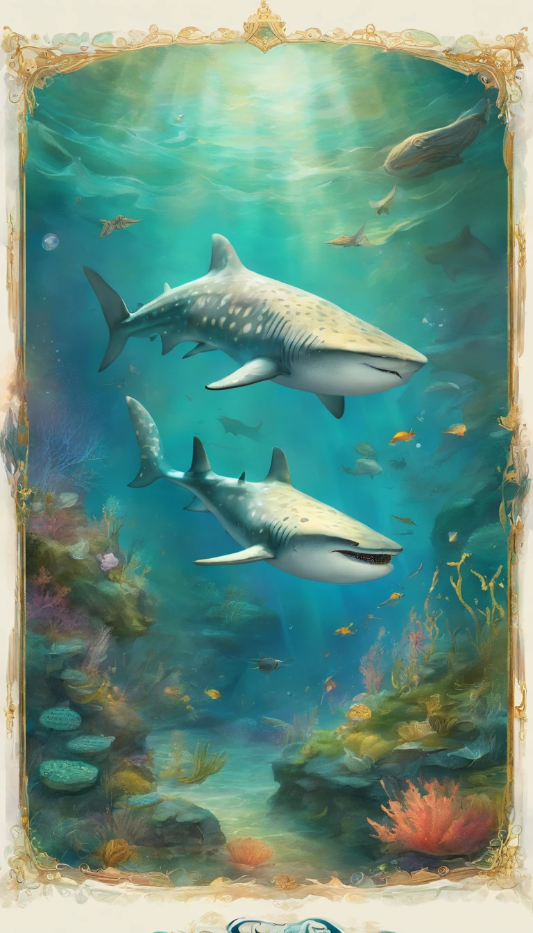 sci-fy, ocean floor,Bio-luminescence,,whale shark、Turtlen、Spotted seals、Rare marine species such as white dolphins,and seagrass, coral, seaweed
