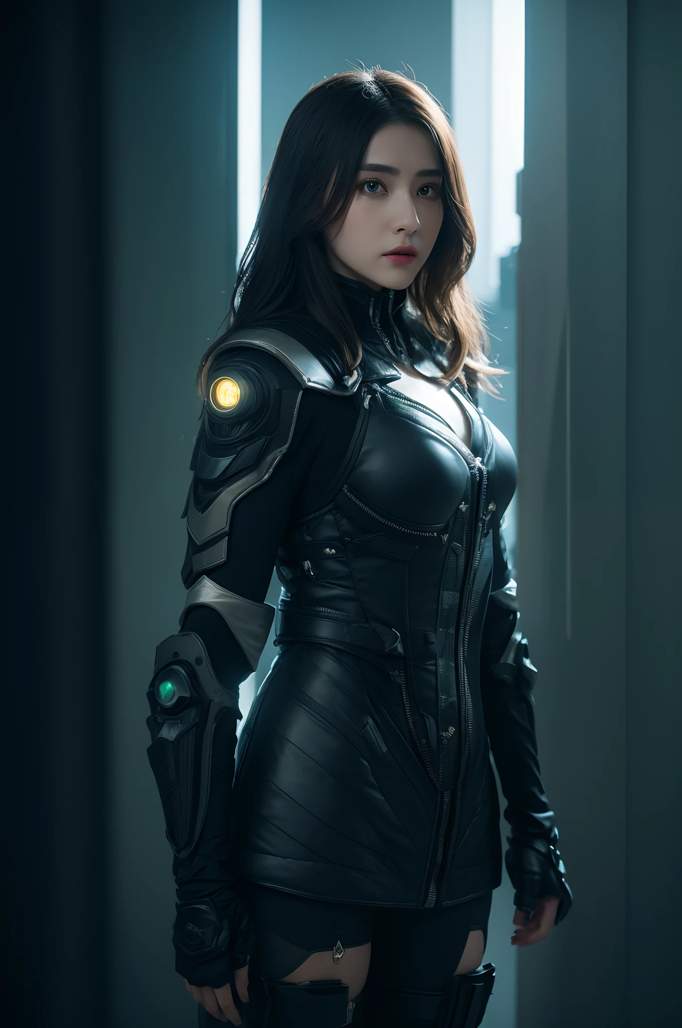 ,3D, A beautiful cyberpunk female image,battledress,hdr(HighDynamicRange),Ray traching,NVIDIA RTX,Hyper-Resolution,Unreal 5,Subsurface scattering、PBR Texture、post-proces、Anisotropy Filtering、depth of fields、maximum definition and sharpness、Many-Layer Textures、Albedo e mapas Speculares、Surface coloring、Accurate simulation octane rendering of light-material interactions、Two-colored light、largeaperture、Low ISO、White balance、the rule of thirds、8K raw data、blackstockings。