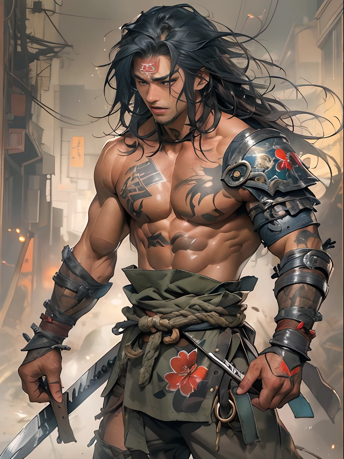 (((mtu))), (((best qualityer))), (((tmasterpiece))), (((AS-Adult))), ((( Japanese ))), Look up from your knees, Handsome Asian samurai,perfect body figure, Modern samurai, ((( Asian))), Wear gloves on your hands,The left arm is made of steel and metal tips,Made of protective devices, The eyes are pulled, (( Appears below the chest )), (( Small dental floss )), Simon Bisley, Almost naked(Simon Bisley)Castle City Wilderness,For high-resolution posters, hair straight, Minimum clothing, armure (Crazy clothes ), Full of tips and rivets, tribal tattoos, (((full bodyesbian))), Straight brunette hair,Colored hair ends