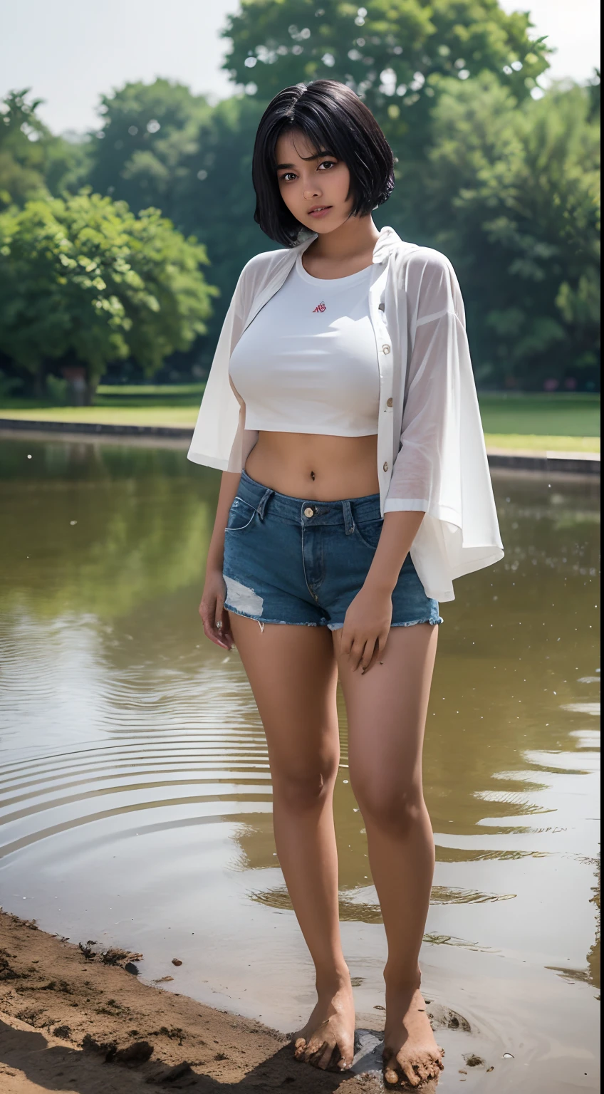 portrait of a indian teenager girl with big boobies, black short hair, wearing shorts, big booty, sexy thighs, perfect thick body figure, looking at the viewer, standing in a village pond, wet hair, mud on clothes, dirt on boobs, raining heavily, realistic, masterpiece, photorealistic, realistic, 8k