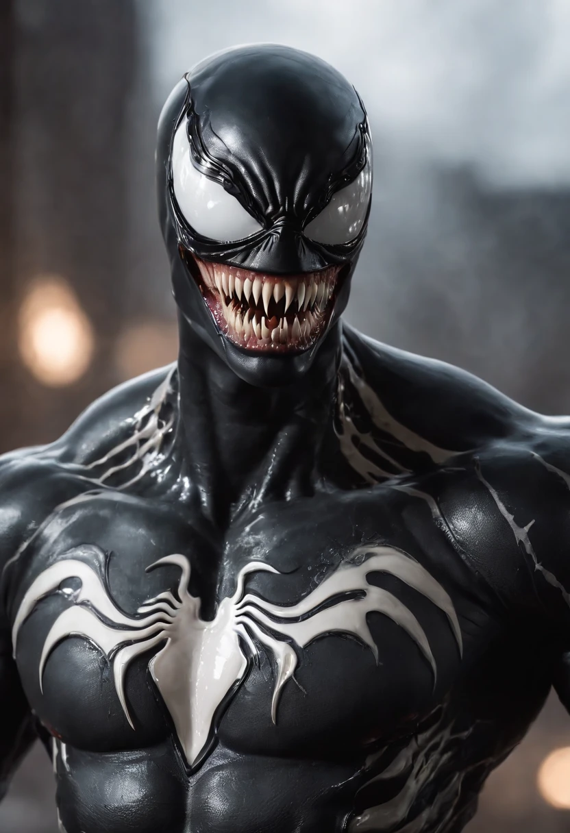 Venom,symbiote,Human perspective,Humanoid robots,male，Black body,Dripping,Sweat,Wet,Open mouth,Blood basin mouthful，Sharp teeth,Long tongue,There is mucus on the tongue，Muscular male,large pecs，Abs are prone to negative skin,Black and blue body，Sweat，Mucus attaches to the body，Greasy and shiny body