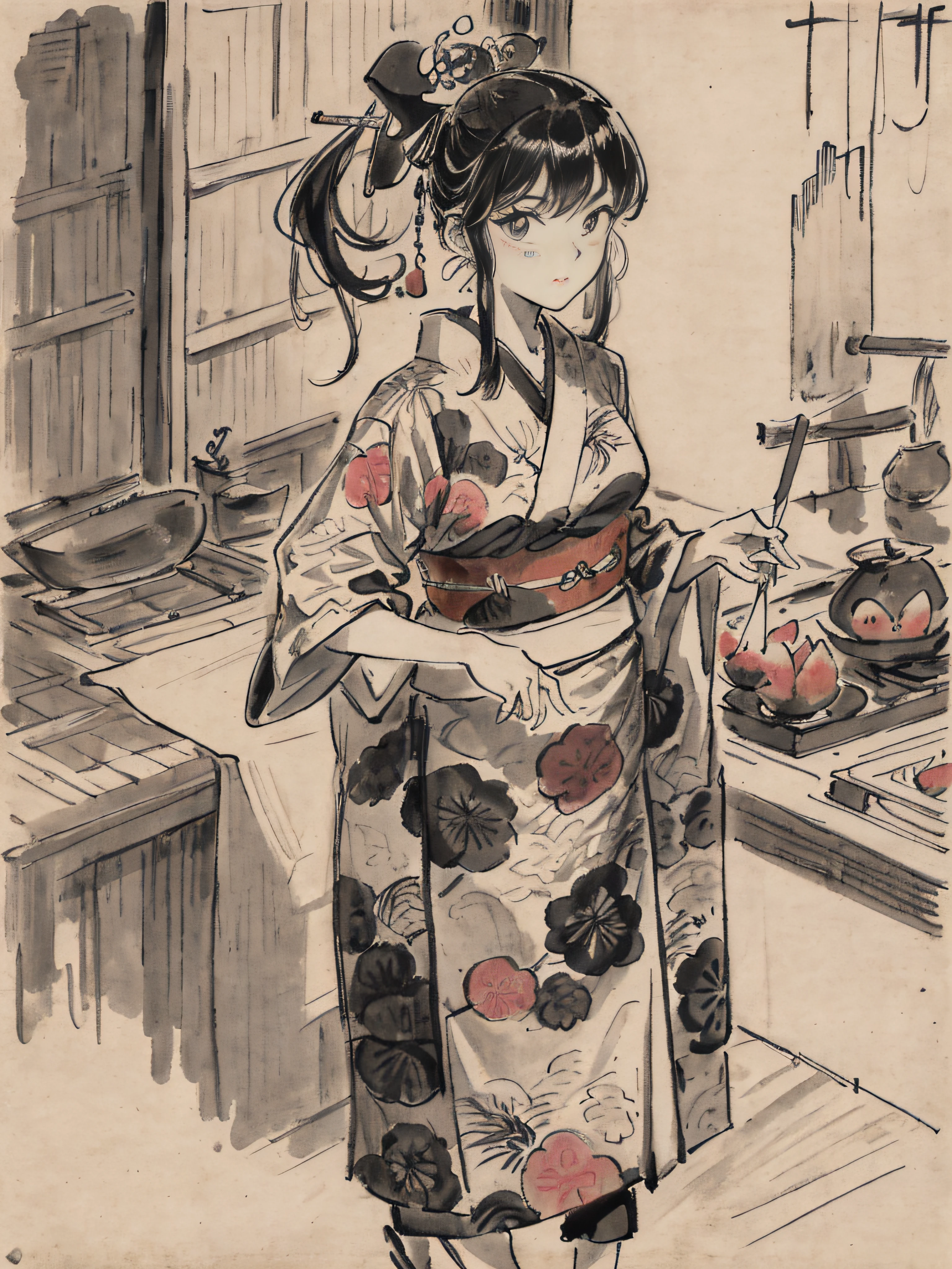 He even drew the texture of Japanese paper and made black and white woodblock prints in ink. In the early Showa period, she was about 32 years old, and she was a woman with no strong self-esteem in a kimono and kappo kimono. Radishes are being cut in the old kitchen. You can also see the bamboo pole.