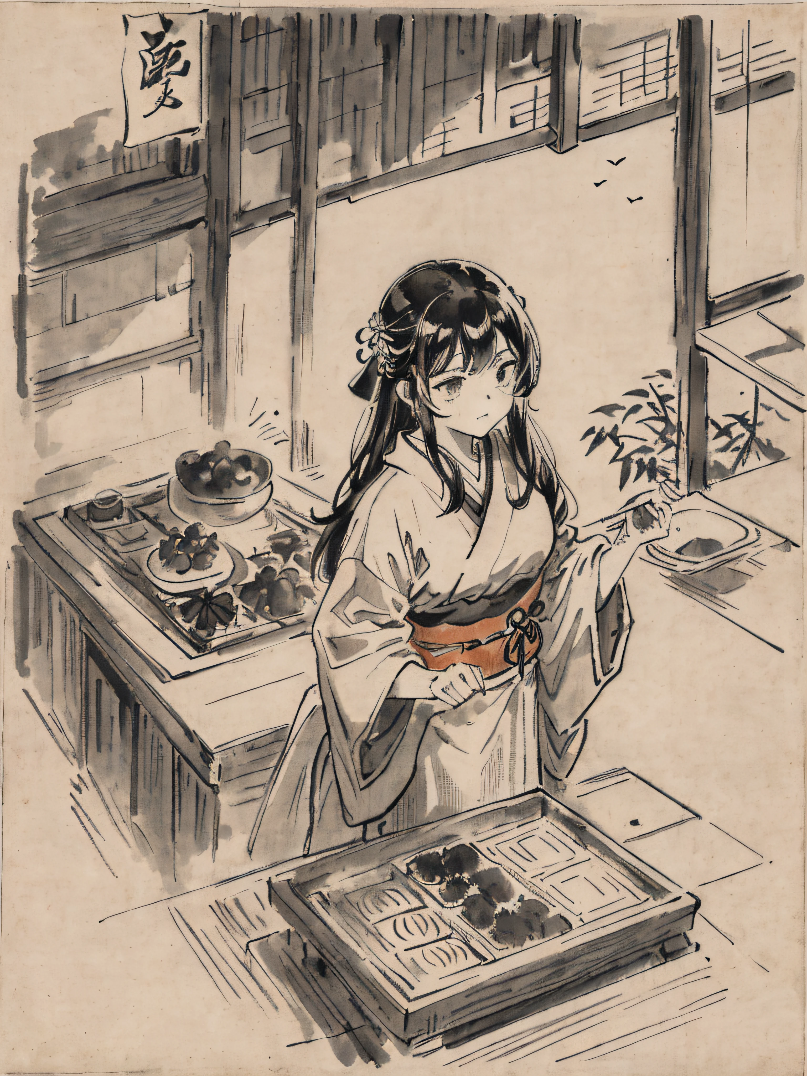 He even drew the texture of Japanese paper and made black and white woodblock prints in ink. In the early Showa period, she was about 32 years old, and she was a woman with no strong self-esteem in a kimono and kappo kimono. Radishes are being cut in the old kitchen. You can also see the bamboo pole.