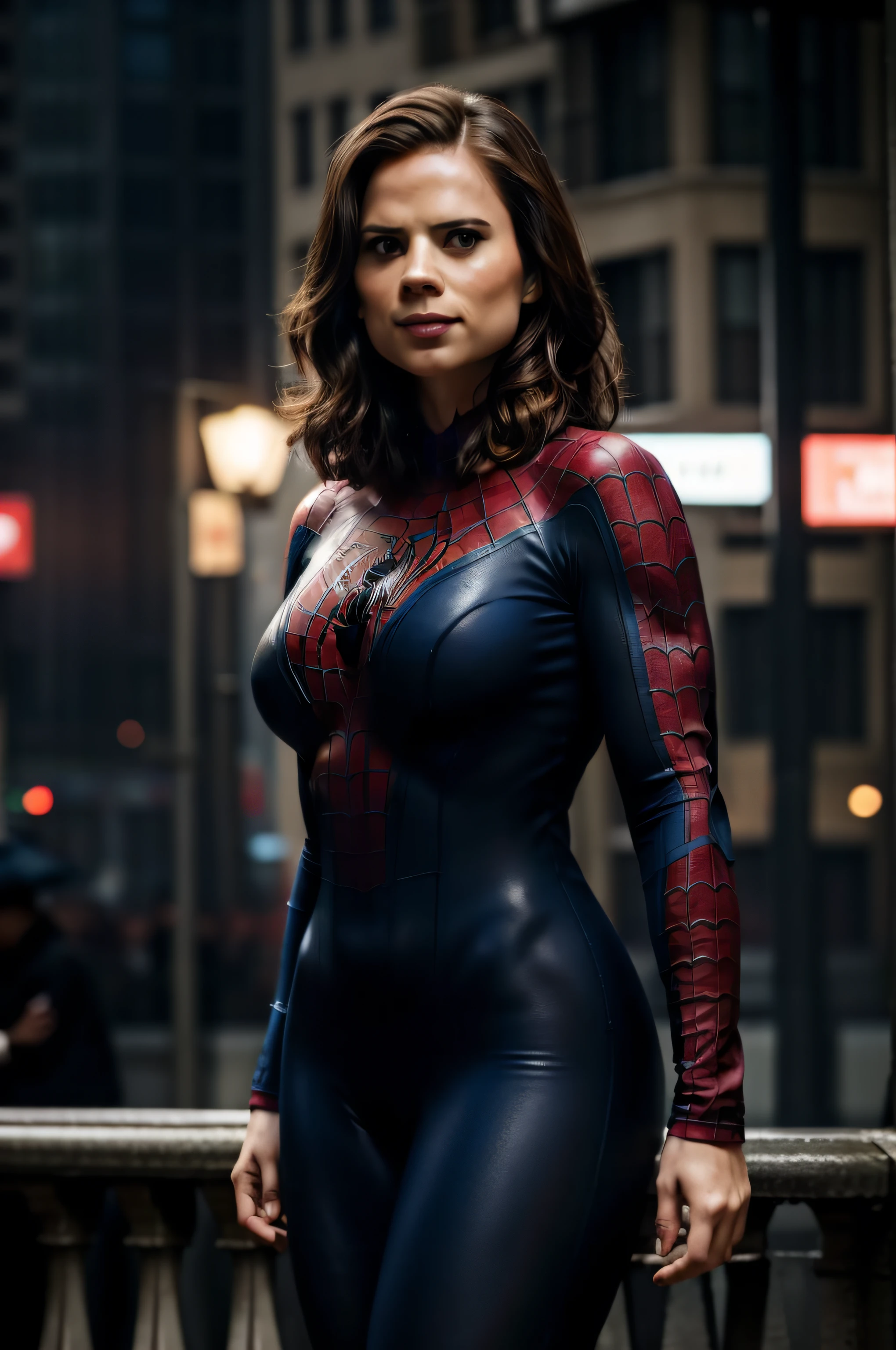 (Thirty year old) woman, standing in the heavy rain, dressed as spiderman, Spider-Man, beautiful legs, small breasts, dreamy photo, dramatic pose, looking straight at camera, detailed eyes, soft expression, flirty, slight smile, dark city landscape, city lights, top of building, light reflecting on ground, crowd of dark strangers, misty, andre kohn, Canon, (Detailed features::1.2), real life. Hayley Atwell