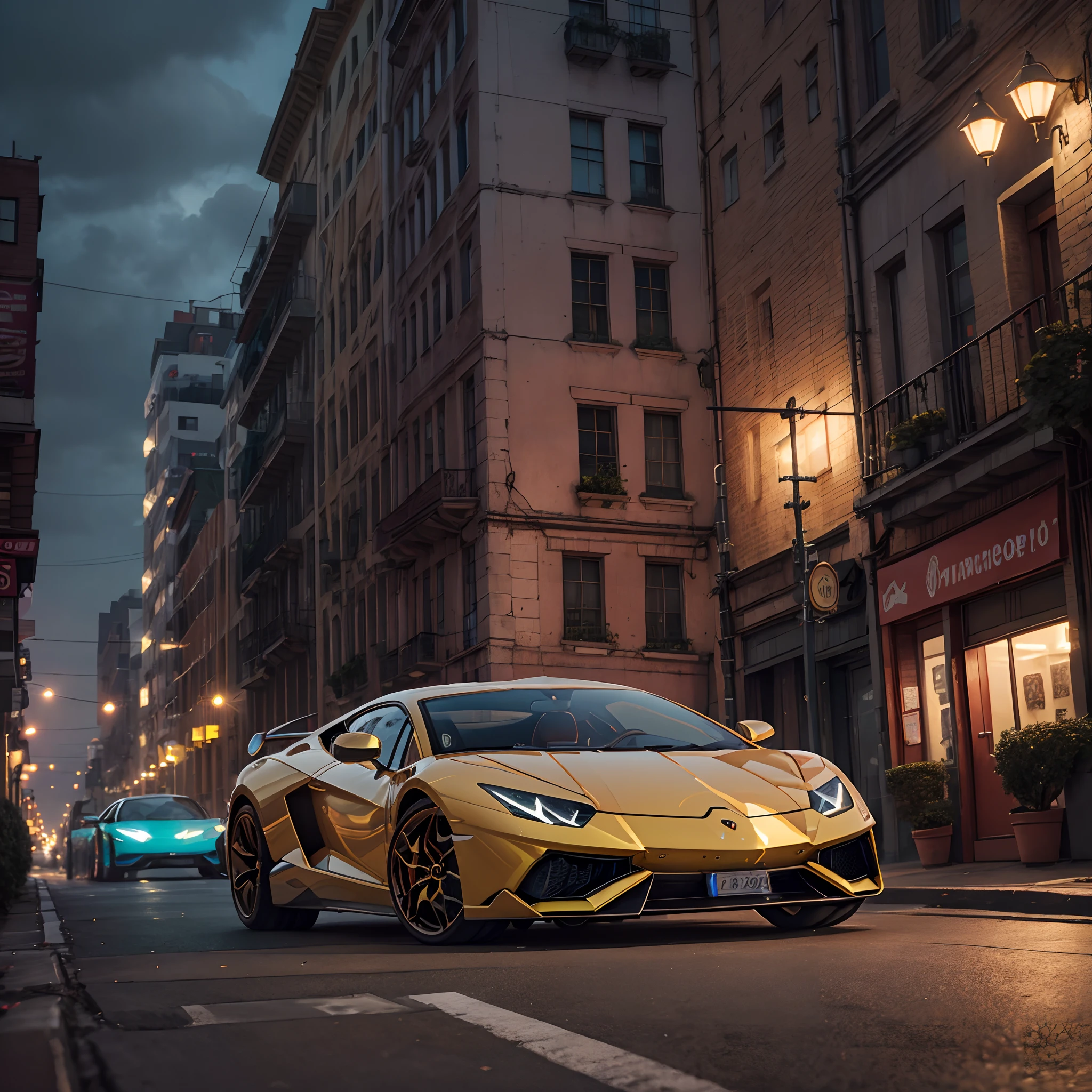 Foto de Lamborghini, 3/4 vista frontal de um, Cyperpunk, Ao ar livre, a noite, The city is beautiful, nmasterpiece, tornar realista, 8k, Altos detalhes, temas escuros, Resolution 1080×1920