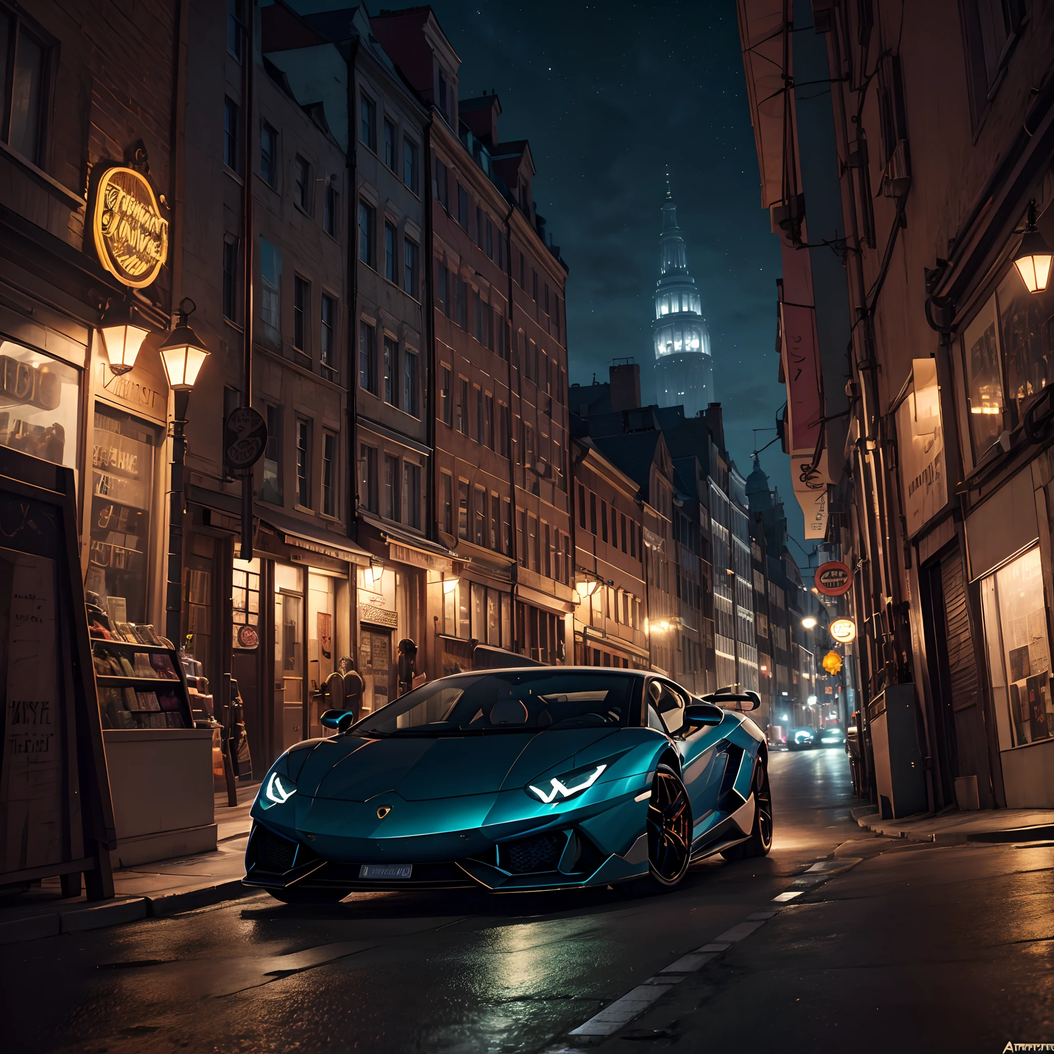 Foto de Lamborghini, 3/4 vista frontal de um, Cyperpunk, Ao ar livre, a noite, The city is beautiful, nmasterpiece, tornar realista, 8k, Altos detalhes, temas escuros, Resolution 1080×1920