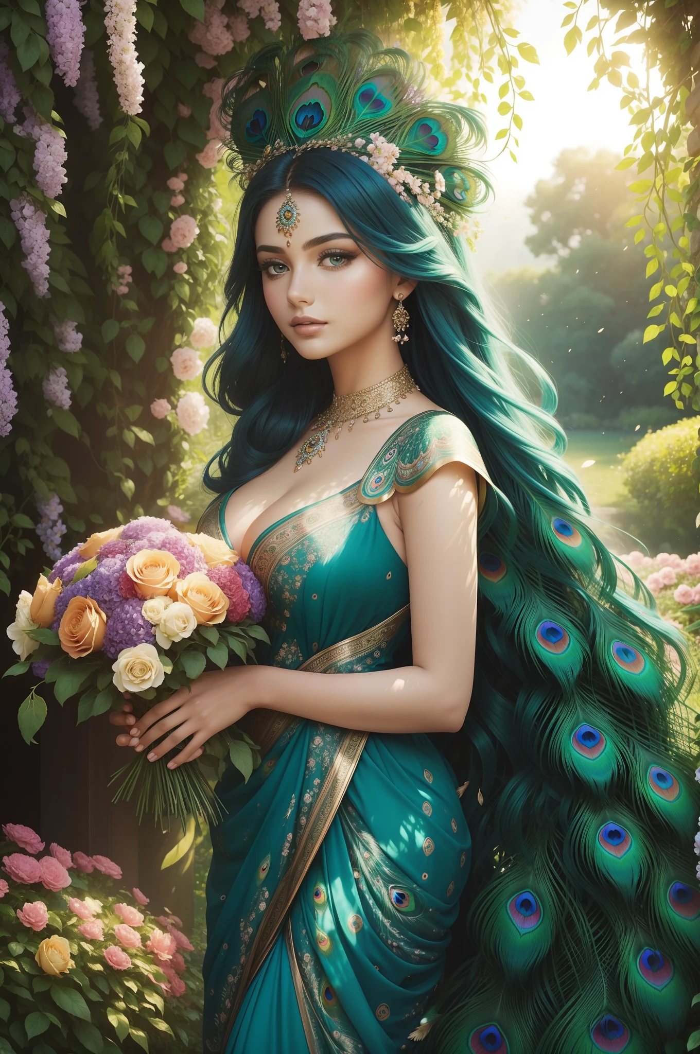 a beautiful peacock goddess, close up, surrounded by flowers, in a floral garden, long wind blown hair, feather shiny beautiful dress, soft face, full lips, soft light, sunlight background, garden background, magical scenery, best quality