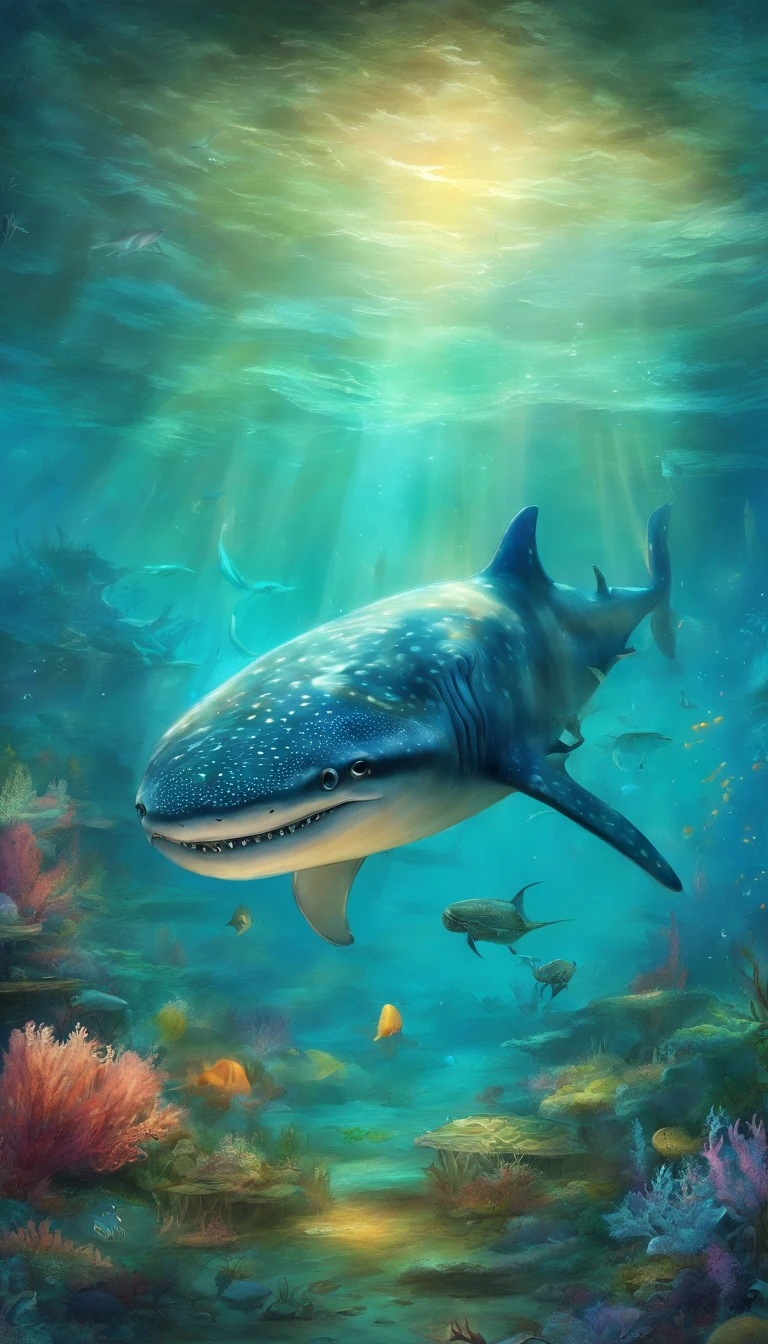 sci-fy, ocean floor,Bio-luminescence, maincoon，whale shark、Turtlen、Spotted seals、Rare marine species such as white dolphins，and seagrass, coral, seaweed