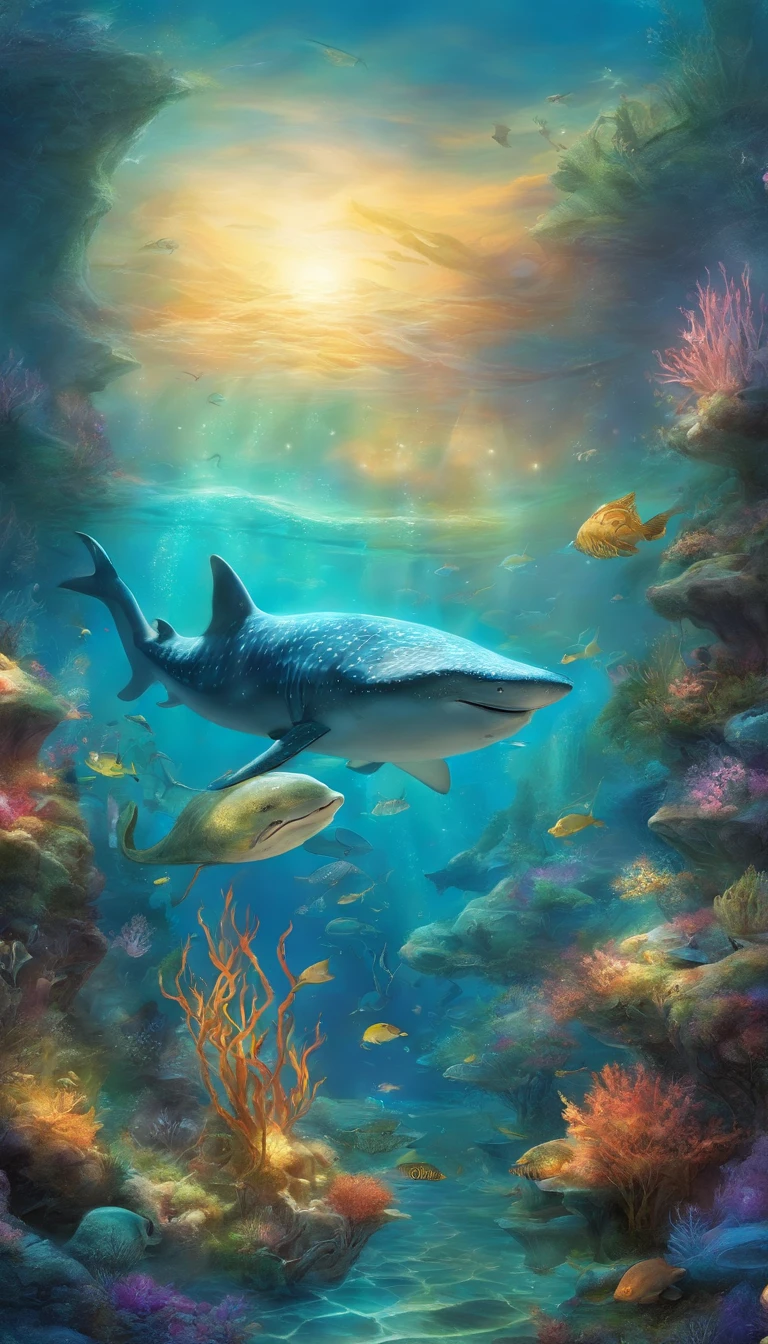 sci-fy, ocean floor,Bio-luminescence, maincoon,whale shark、Turtlen、Spotted seals、Rare marine species such as white dolphins,and seagrass, coral, seaweed