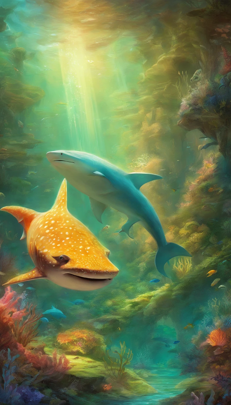 sci-fy, ocean floor,Bio-luminescence, maincoon,whale shark、Turtlen、Spotted seals、Rare marine species such as white dolphins,and seagrass, coral, seaweed