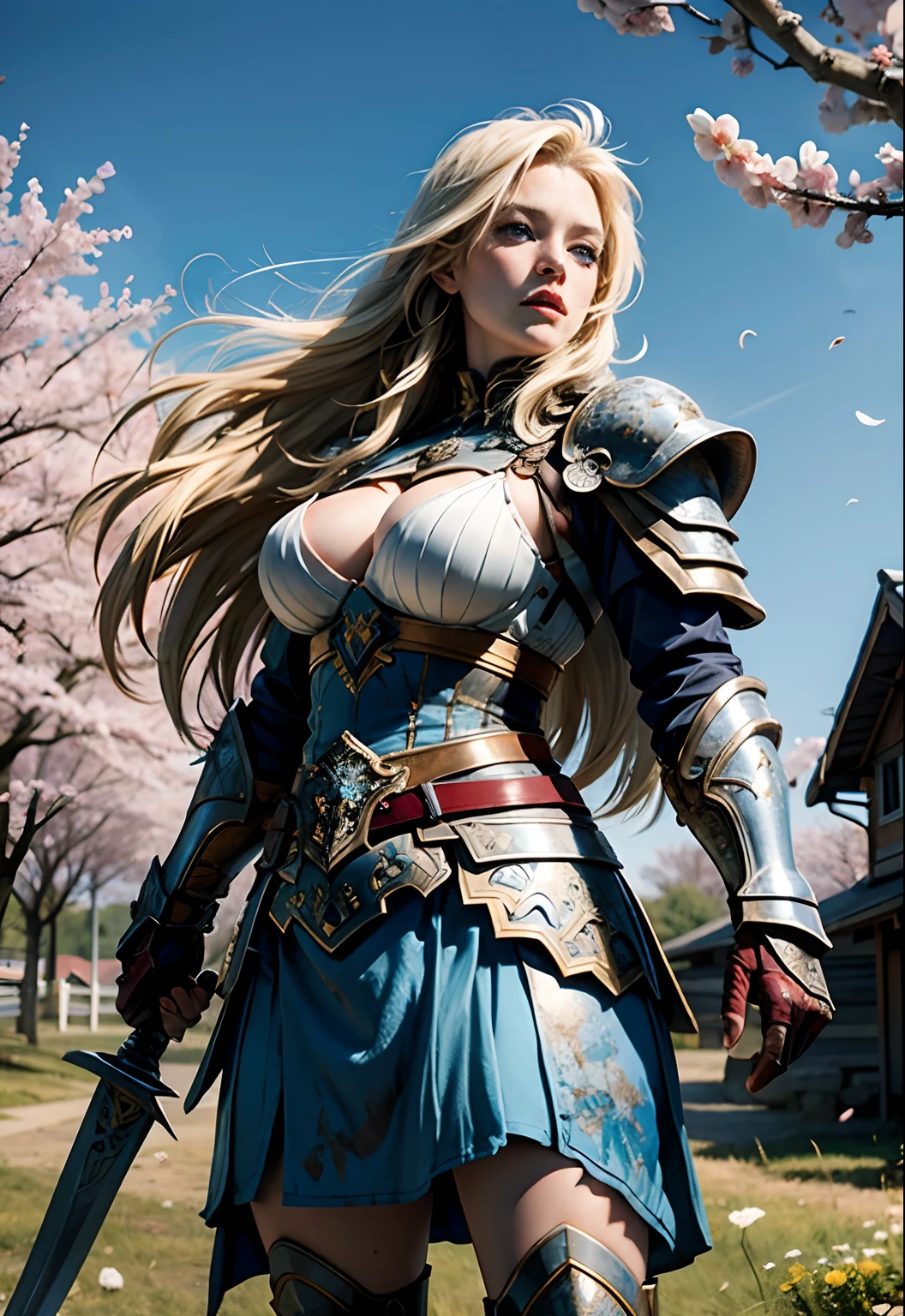 The most beautiful viking warrior princess, huge tits, blonde hair, blue eyes, detailed white battle armor, wielding an axe, blood splattered, cherry blossoms blowing in the wind, masterpiece, high quality, high resolution