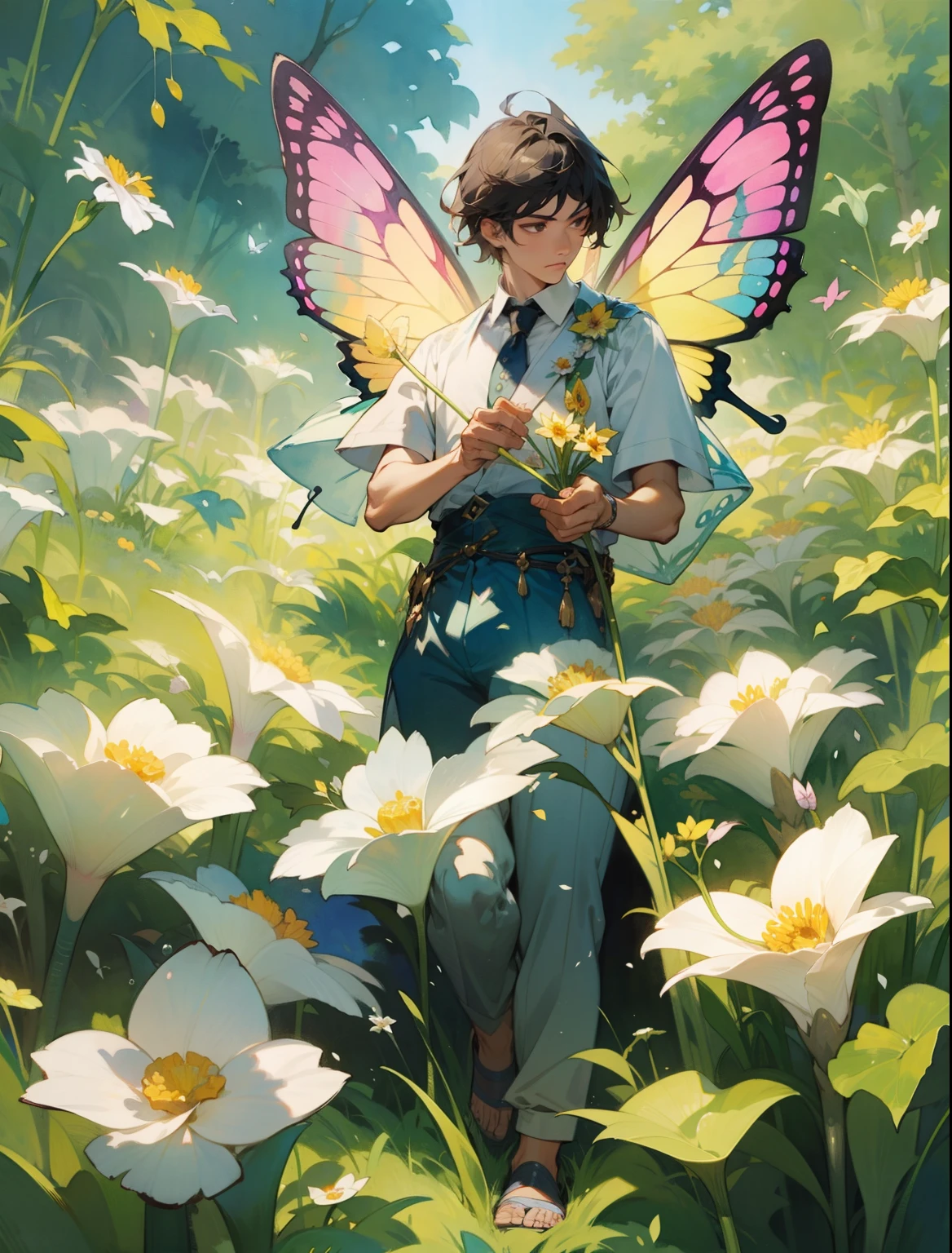 watercolor, handsome male narcissus flower fairy, with delicate butterfly wings, full body, flying, narcissus flowers, watercolor art, hires, detailed,