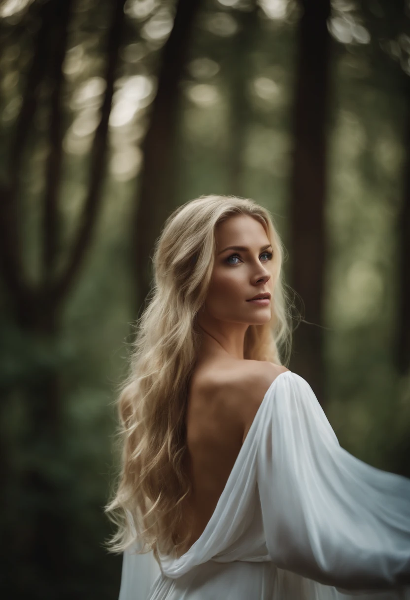 Sexy and gorgeous blonde woman with long hair and blue eyes wearing a long white silk dress