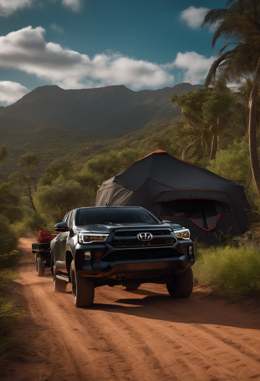 A black Hilux towing a  trailer in a paradisiacal landscape with an 8K 3D image