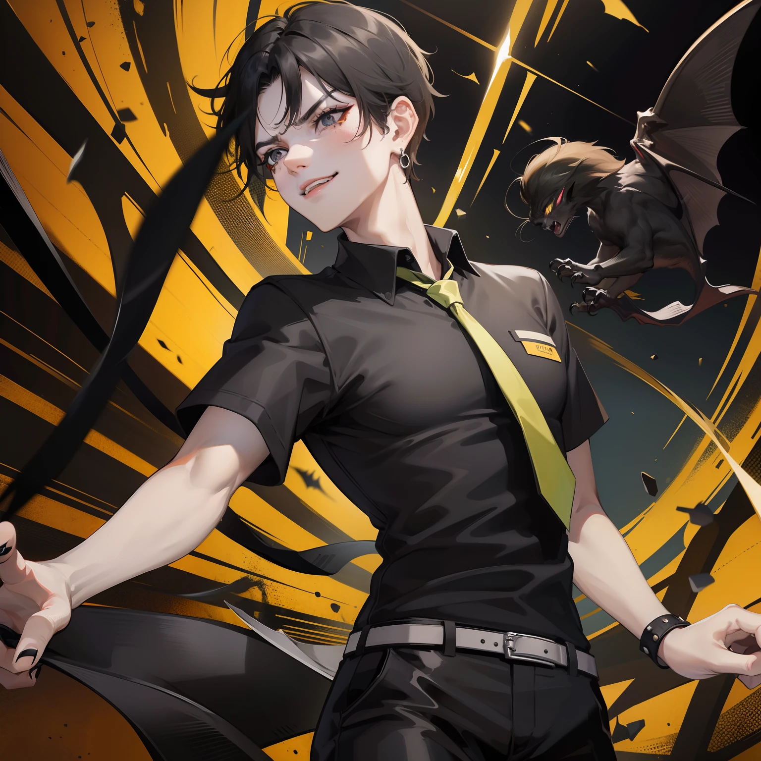 One Man, Mostly men, Black short-sleeved polo shirt, Green tie, Black skinny pants, PUNK ROCK, Raised eyebrows, Floppy bangs, Spiky back hair, Black hair, Gold mesh for bangs, Black Simple Earrings, devil, Bat, Angry face, Black nails, arm tattoos, big eye, Black eyes, Black Eye Makeup, Ears, Forehead, A smile