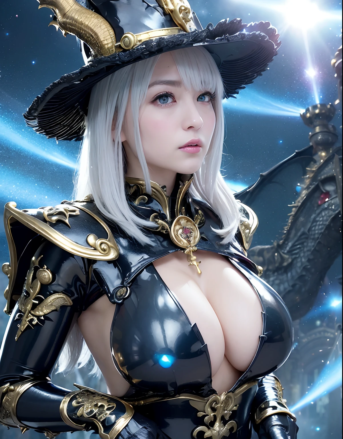 ((World of Darkness)),Professional , masterpiece、top-quality、photos realistic , depth of fields 、(((With a magic wand of gems))),(Dragon White Metal Body:1.9),(latexsilver-blue、(cleavage of the breast)(Fight dragons)、、(((Particles of light))),(Micro Bikini Armor:1.7),Gorgeous gold weapons ,(Fight dragons)、Seductive look、(blood splattere、((((With a magic wand))), ) , (((Wearing a black latex wizard hat))),(demonic wings) ,((a blond))、(Castle background)、((Gangle's forest background))、Beautiful Caucasian beauty、1a person、dynamic ungle,(((Detailed and ornate dragon wizard hat)))、Smaller head、A smile、Castle background、Thin and beautiful female hands、cleavage of the breast、Soldier in iron armor on background、Mystical expression、Light Effects、intense fighting、Wind-effect、magic circles、With the legendary magic wand、Dragon's tail、explosions、Toostock、Toostock、
