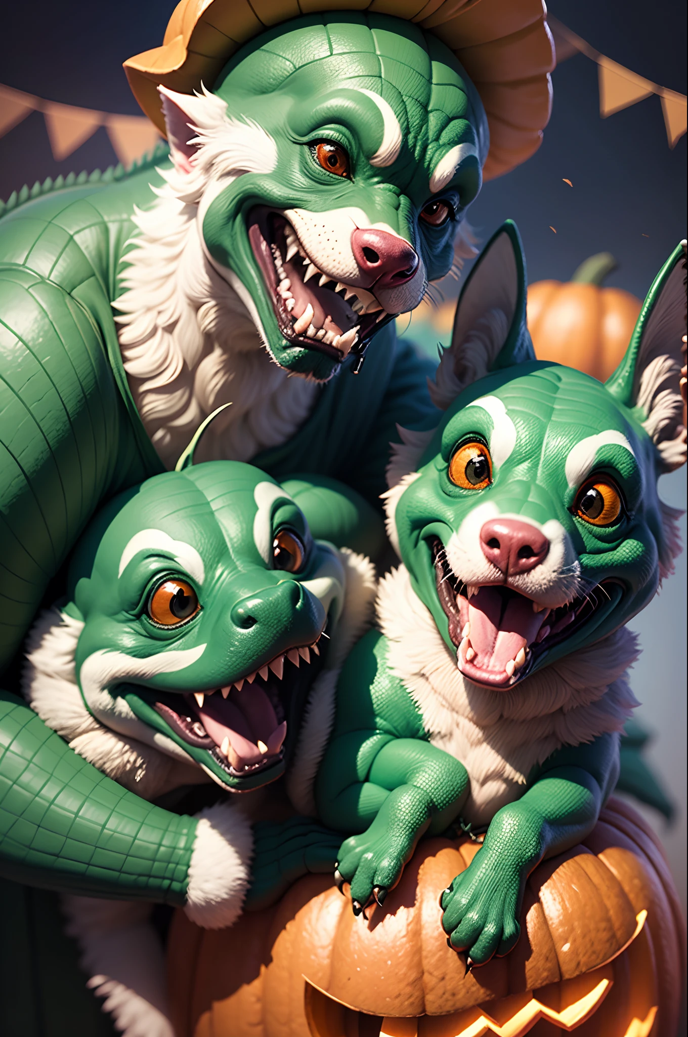 Happy Halloween! Announcement. poster 3 Funny funny wild crocodiles in costumes hugging a pumpkin. In the style of a 3D Disney cartoon. Close-up. Blurred background. Blue-green-red studio lighting. light haze. --auto --s2