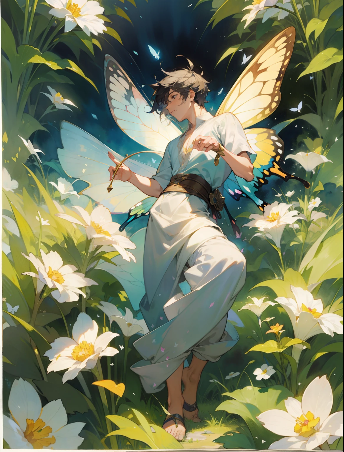 watercolor, handsome male narcissus flower fairy, with delicate butterfly wings, full body, flying, narcissus flowers, watercolor art, hires, detailed,