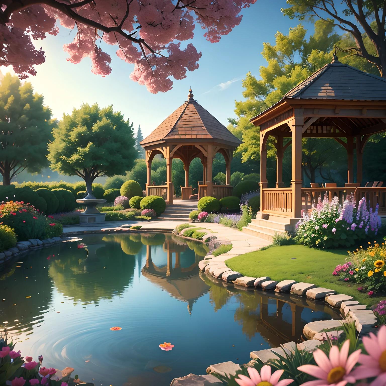 Dinamic scene of a garden with colorful flowers and a gazebo, a pond nearby, 8k, printable --auto